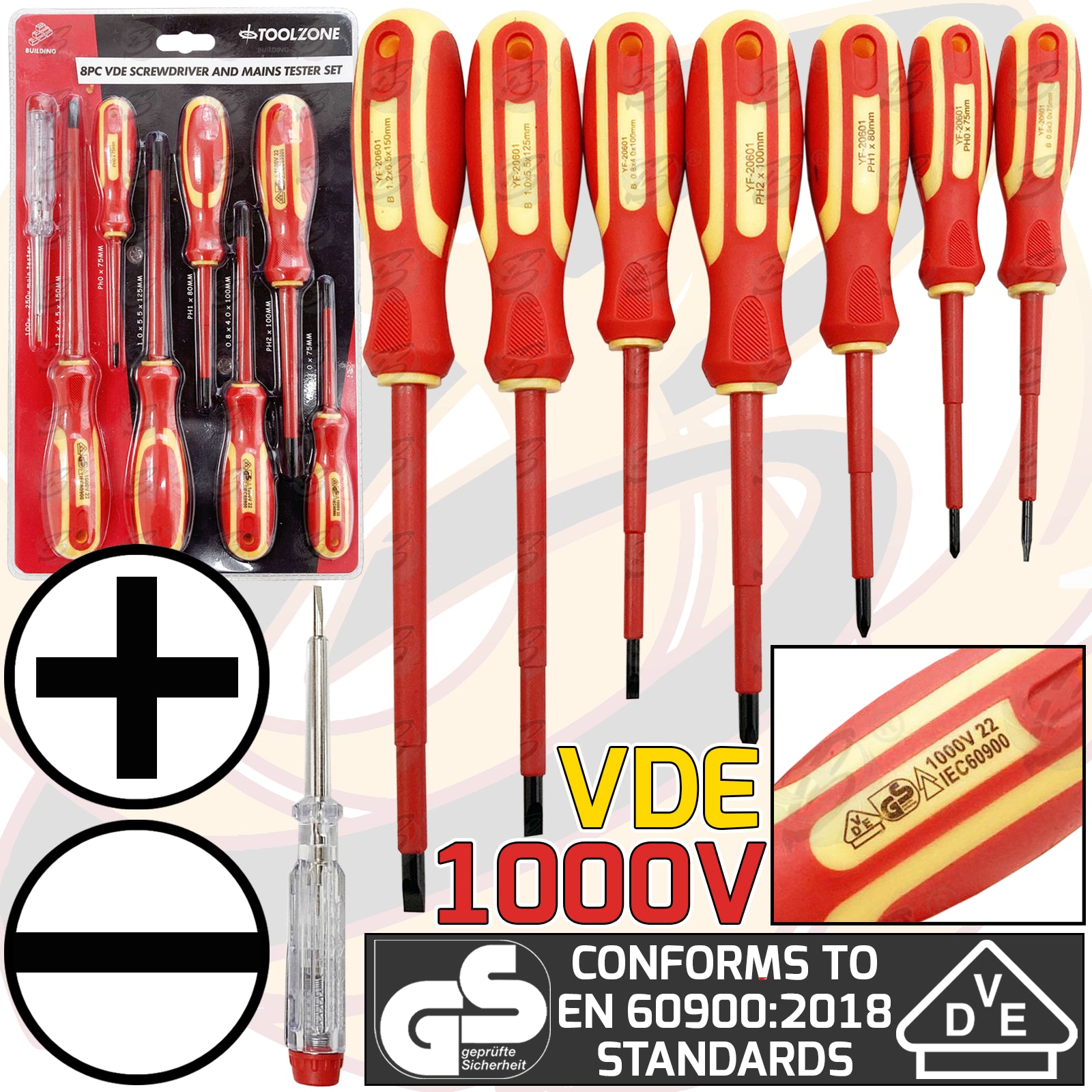 TOOLZONE 8PCS VDE / ELECTRICANS MAGNETIC SCREWDRIVER SET ( PHILLIPS & SLOTTED )