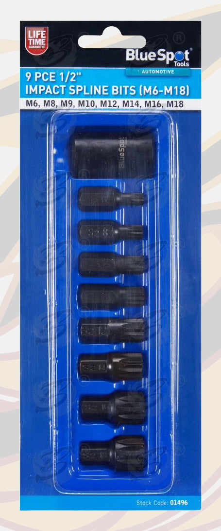BLUESPOT 9PCS 1/2" DRIVE IMPACT SPLINE BIT SOCKETS M6 - M18