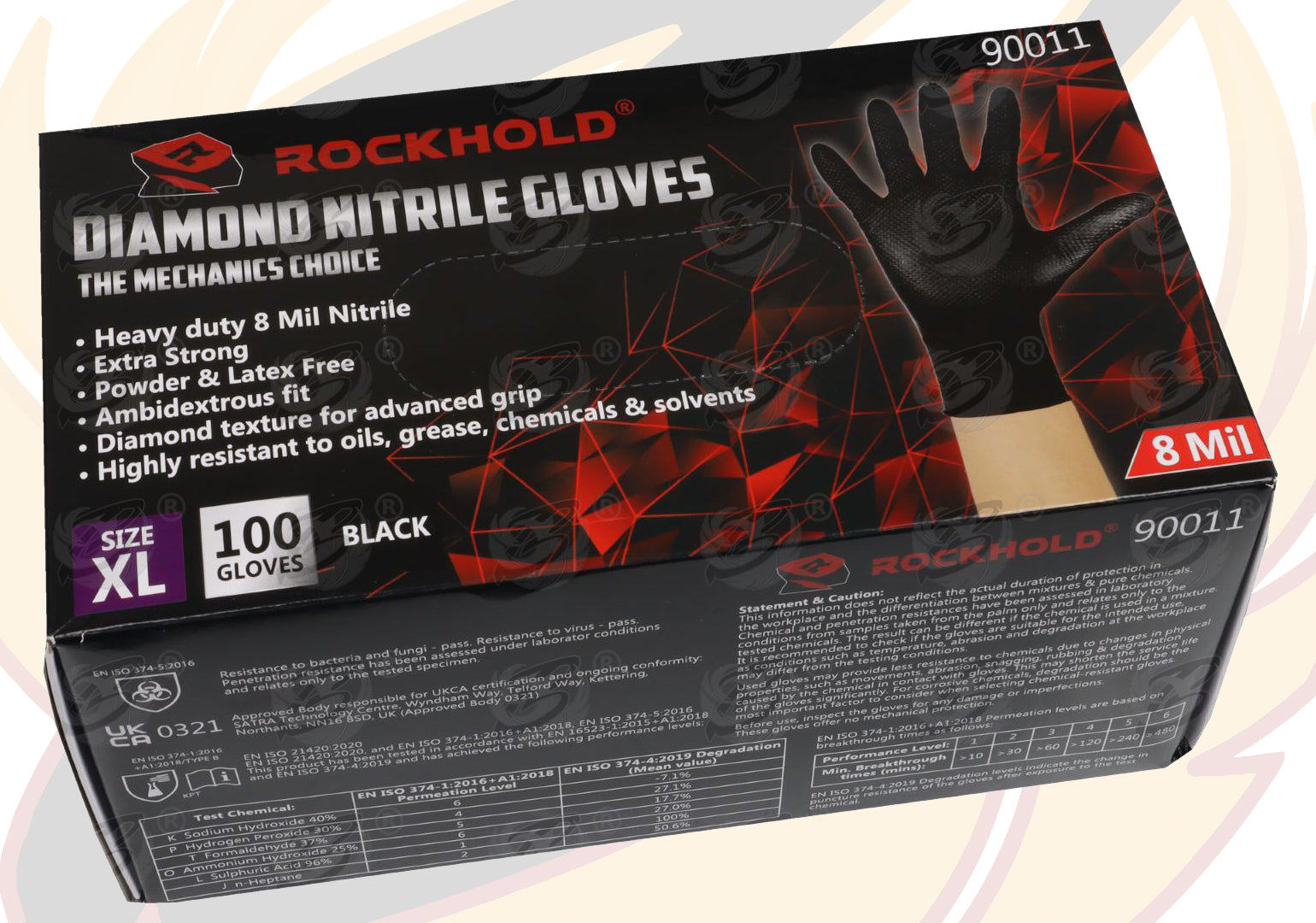 ROCKHOLD HEAVY DUTY BLACK 8 MIL NITRILE DIAMOND GRIP GLOVES ( X LARGE - 100 GLOVES )