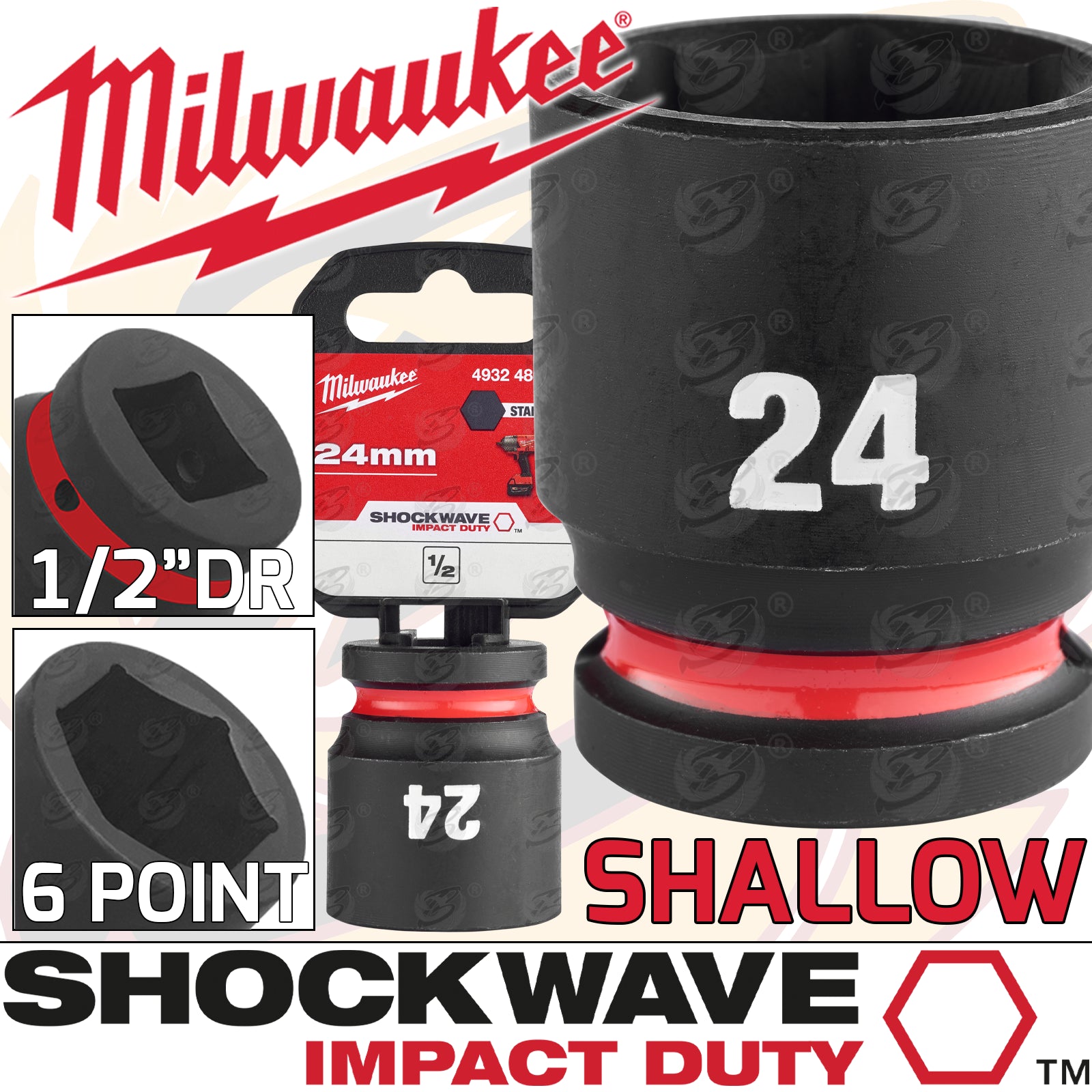 MILWAUKEE 24MM 1/2" DRIVE 6 POINT SHALLOW IMPACT SOCKET ( SINGLE )