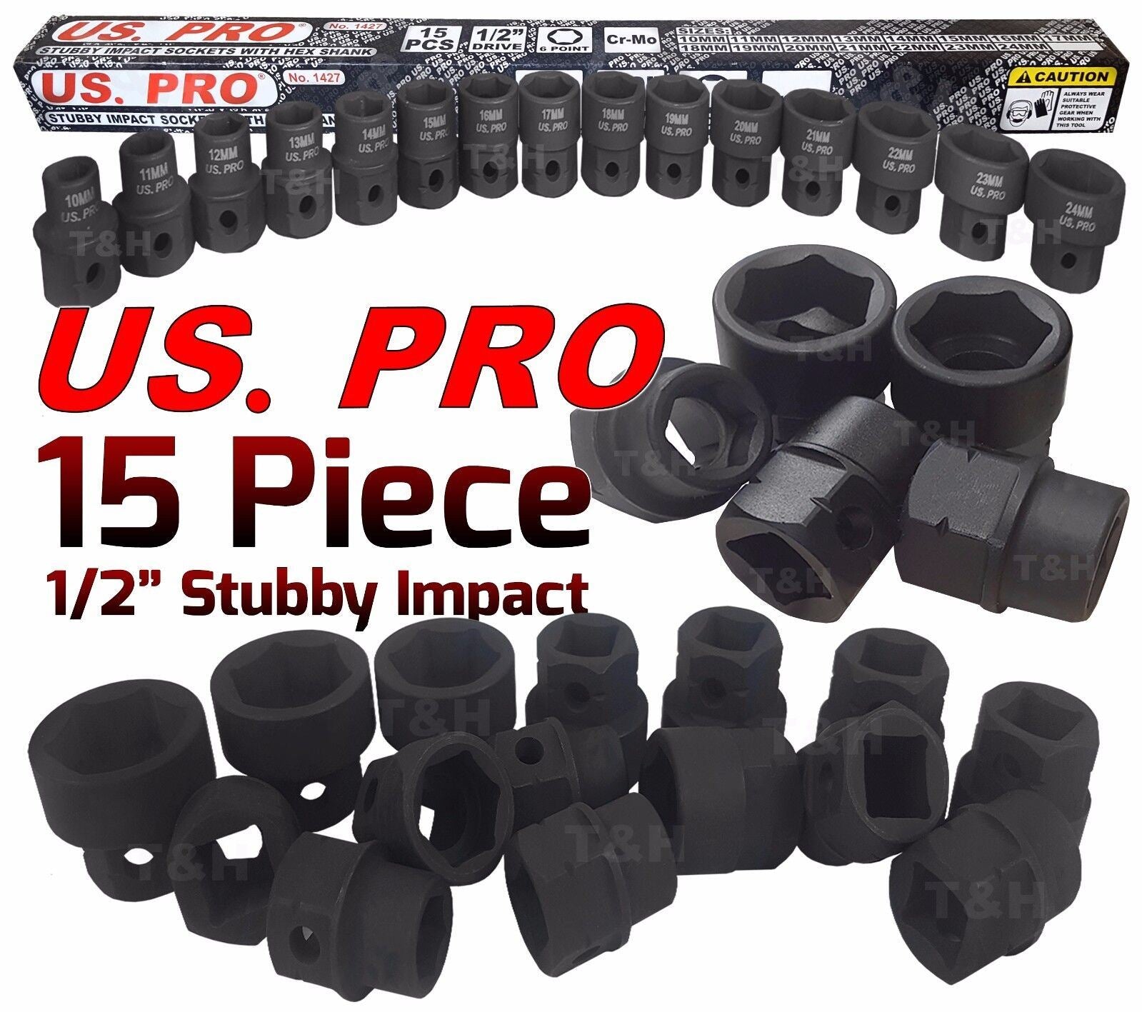 US PRO 15PCS 1/2" DRIVE 6 POINT SHALLOW IMPACT SOCKETS 10MM - 24MM