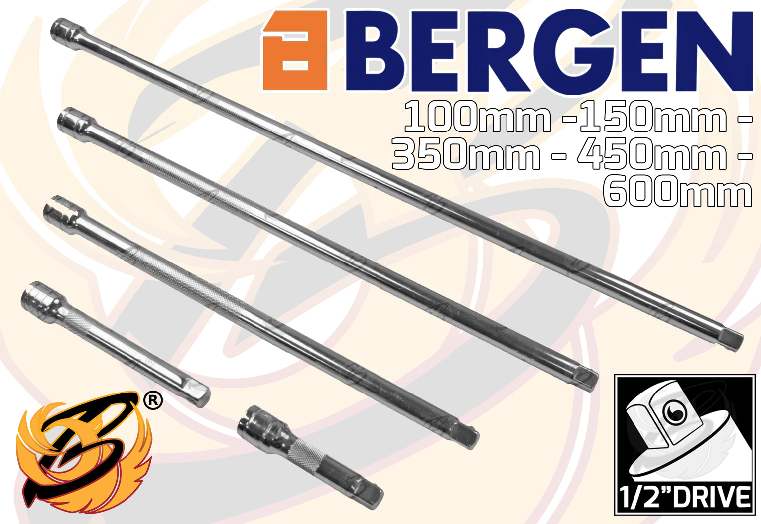 BERGEN 5PCS 1/2" DRIVE EXTRA LONG EXTENSION BARS ( 100MM - 600MM )