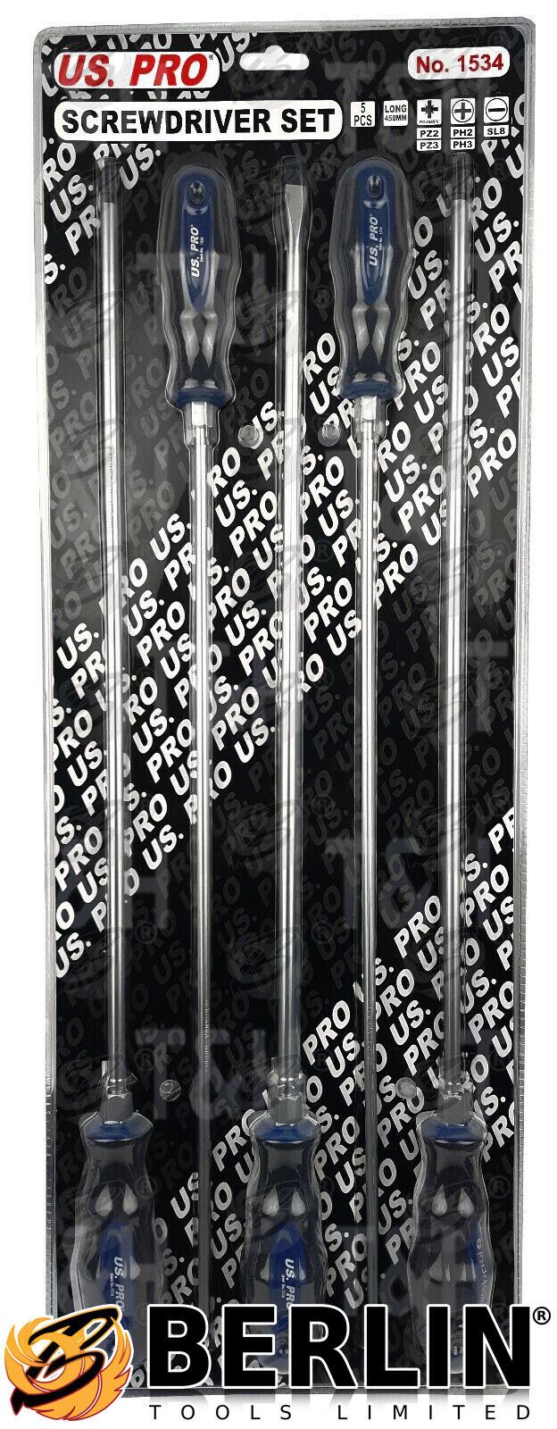 US Pro 5 Piece Extra Long Magnetic Screwdriver Set ( Slotted - PHillips - Pozidrive ) 1534