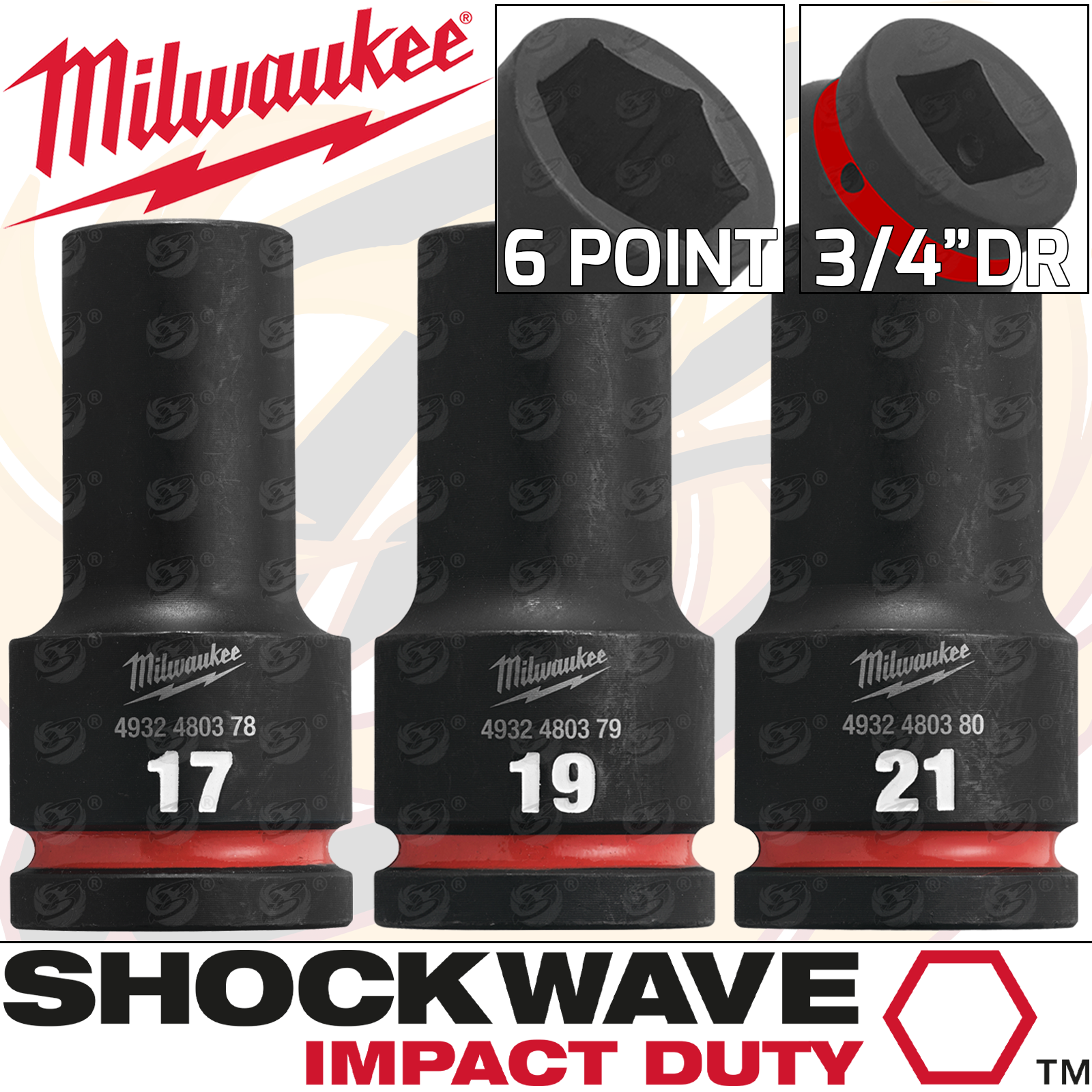 MILWAUKEE 3PCS 3/4" DRIVE 6 POINT DEEP IMPACT SOCKETS 17MM - 19MM - 21MM