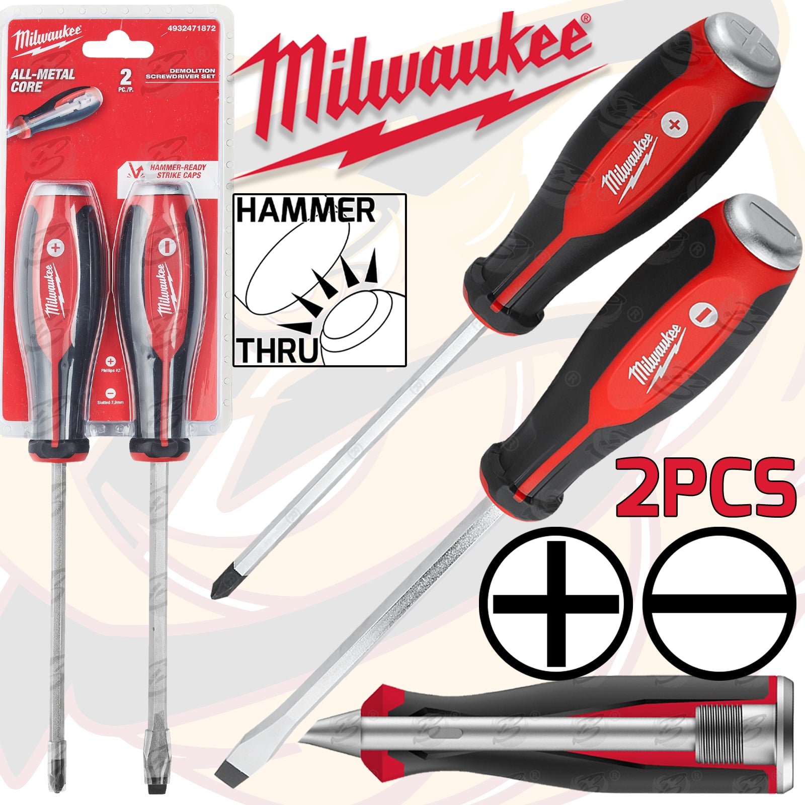 MILWAUKEE 2PCS TRI - LOBE DEMOLITION GO THROUGH SCREWDRIVER SET ( SLOTTED - PHILLIPS )