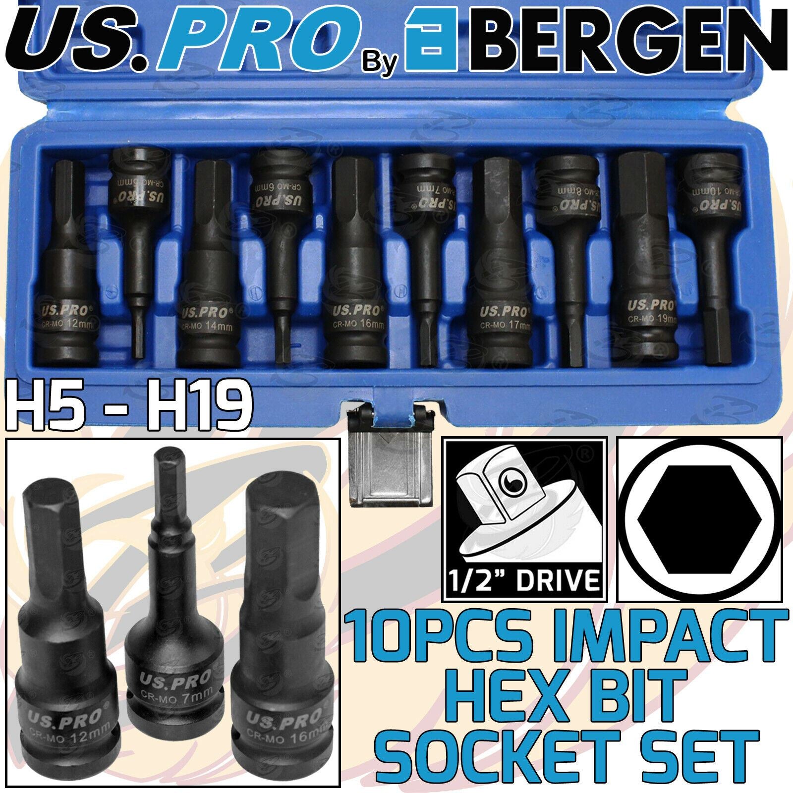 US Pro 10 Piece 1/2" Drive Impact Hex Bit Sockets H5 - H19 3637