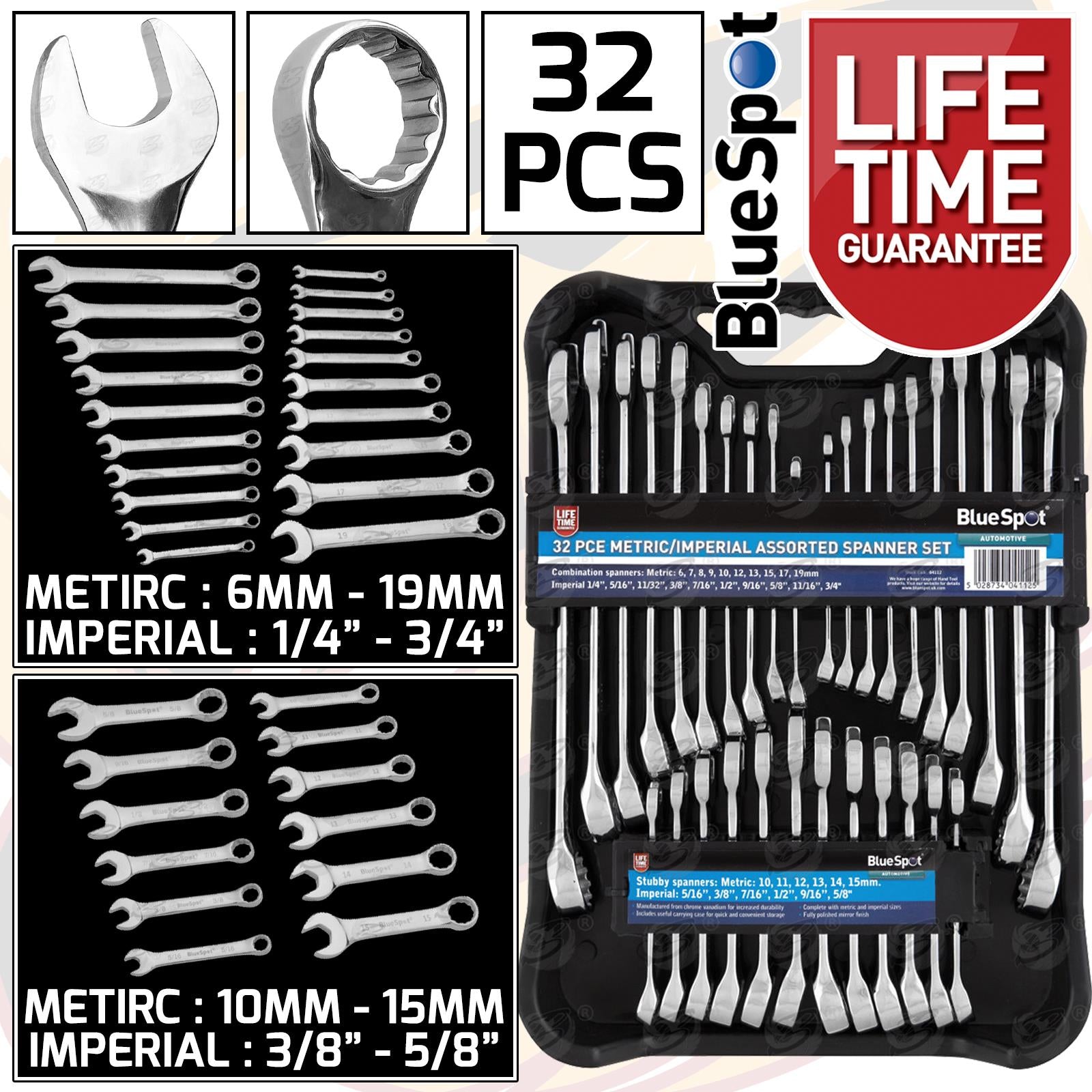 BLUESPOT 32PCS METRIC & SAE COMBINATION SPANNERS 6MM - 19MM & 1/4" - 3/4"