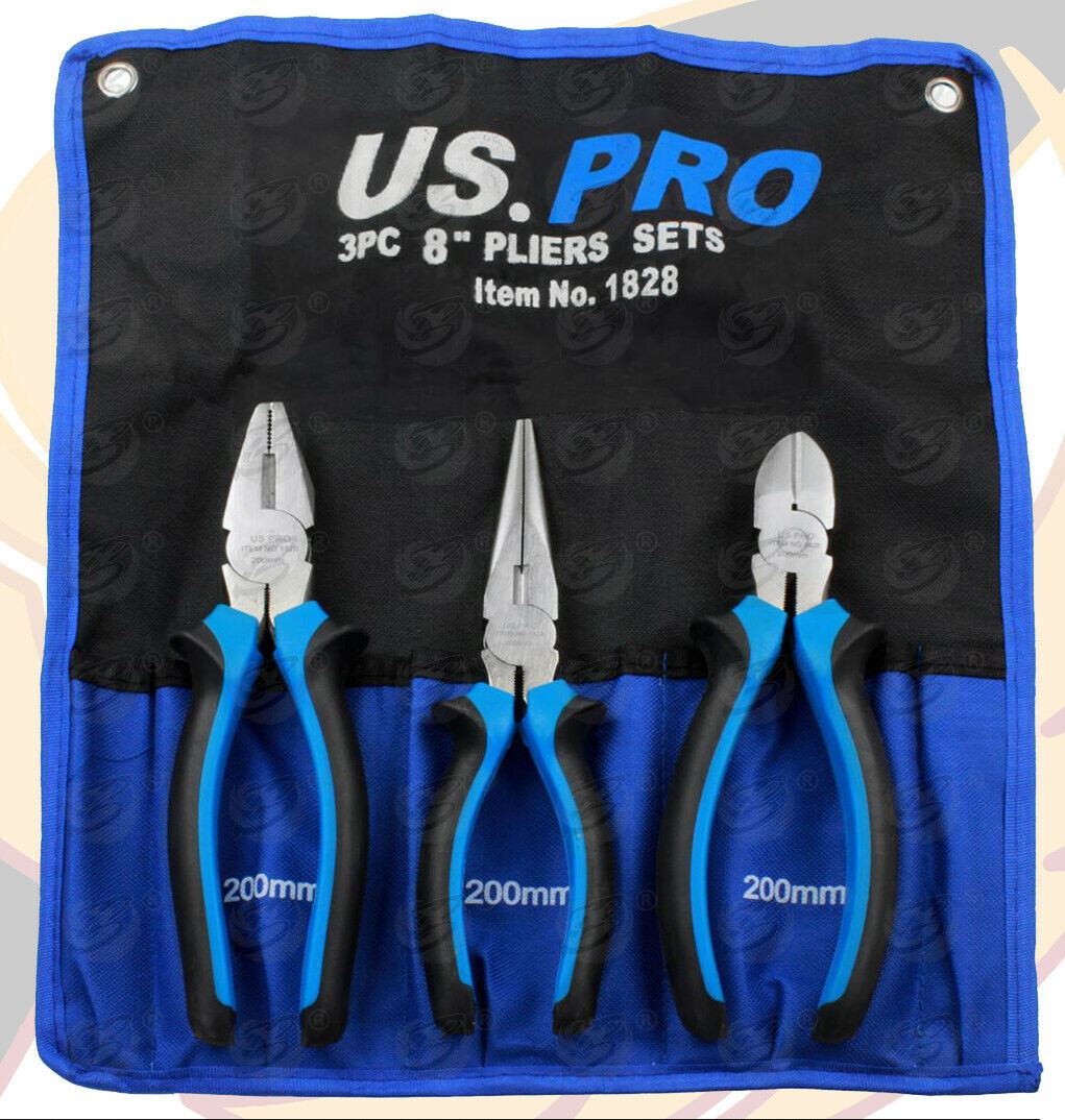 US PRO 8" PLIER SET ( COMBI - CUTTERS - LONG NOSE )