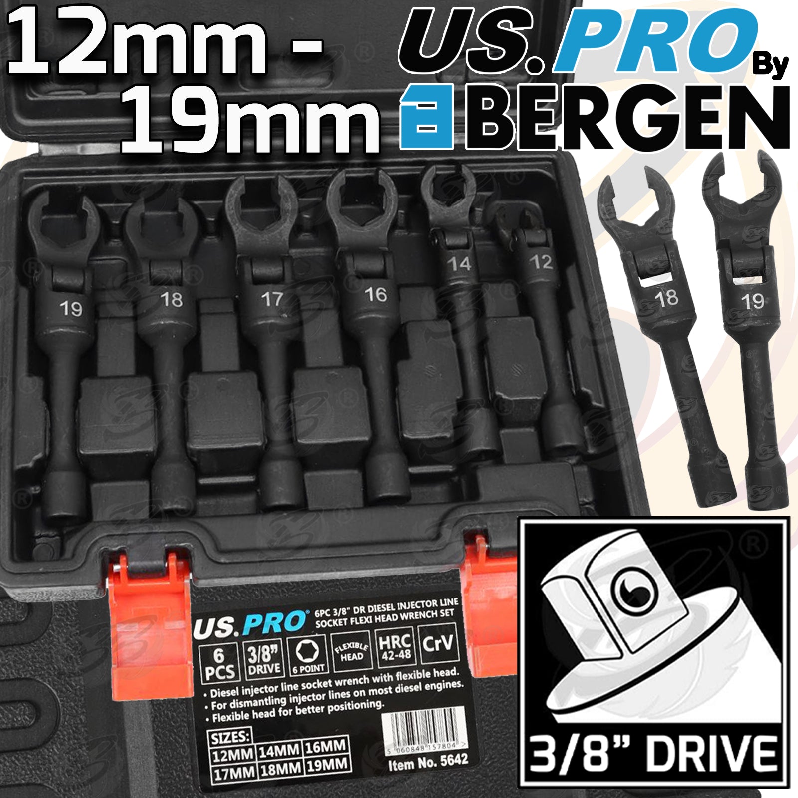 US PRO 6PCS 3/8" DRIVE DIESEL INJECTOR LINE SOCKET FLEXI HEAD WRENCH SET ( 12MM - 19MM )