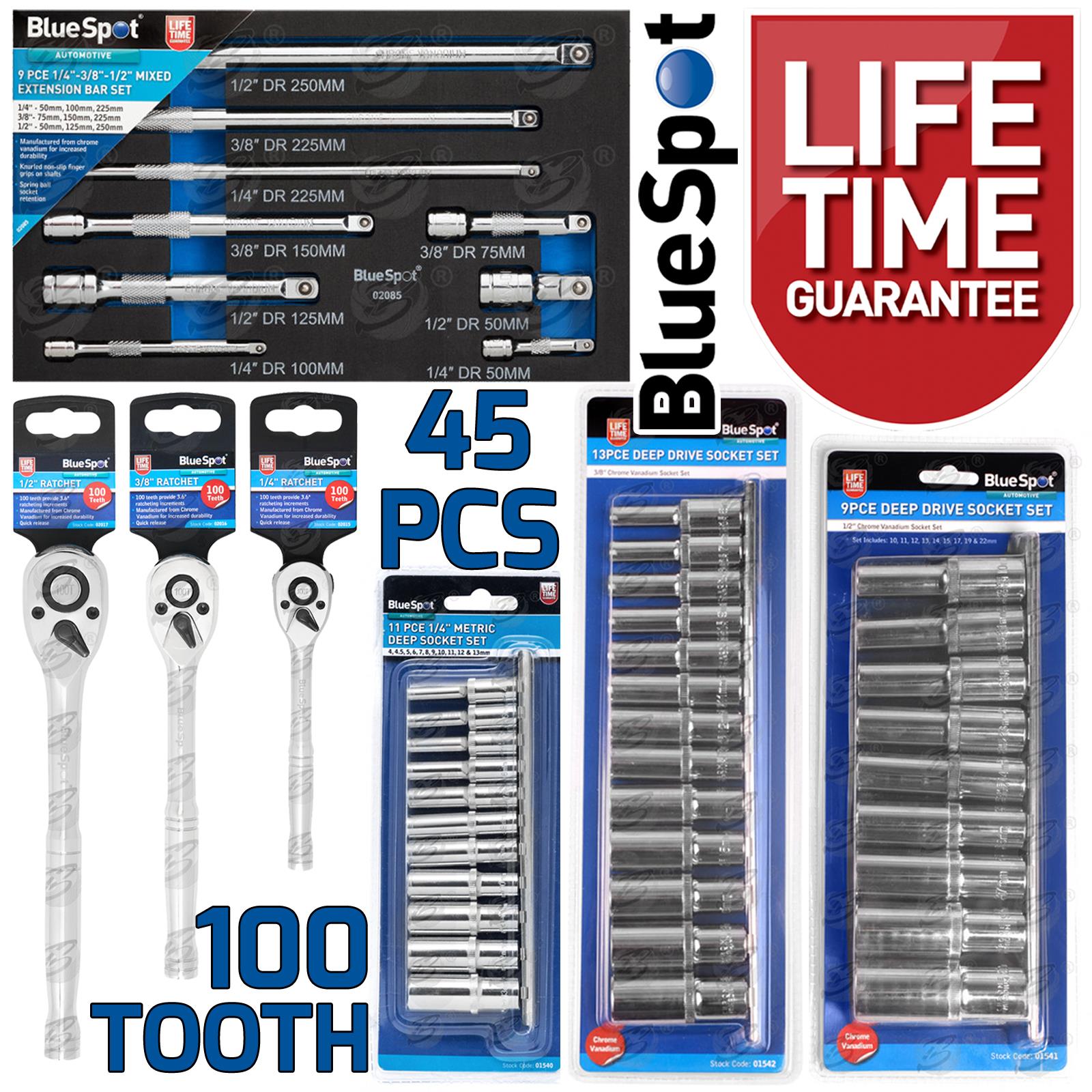 BLUESPOT 45PCS 1/4" & 3/8" & 1/2" DRIVE 100 TOOTH 6 POINT DEEP SOCKET SET 4MM - 22MM
