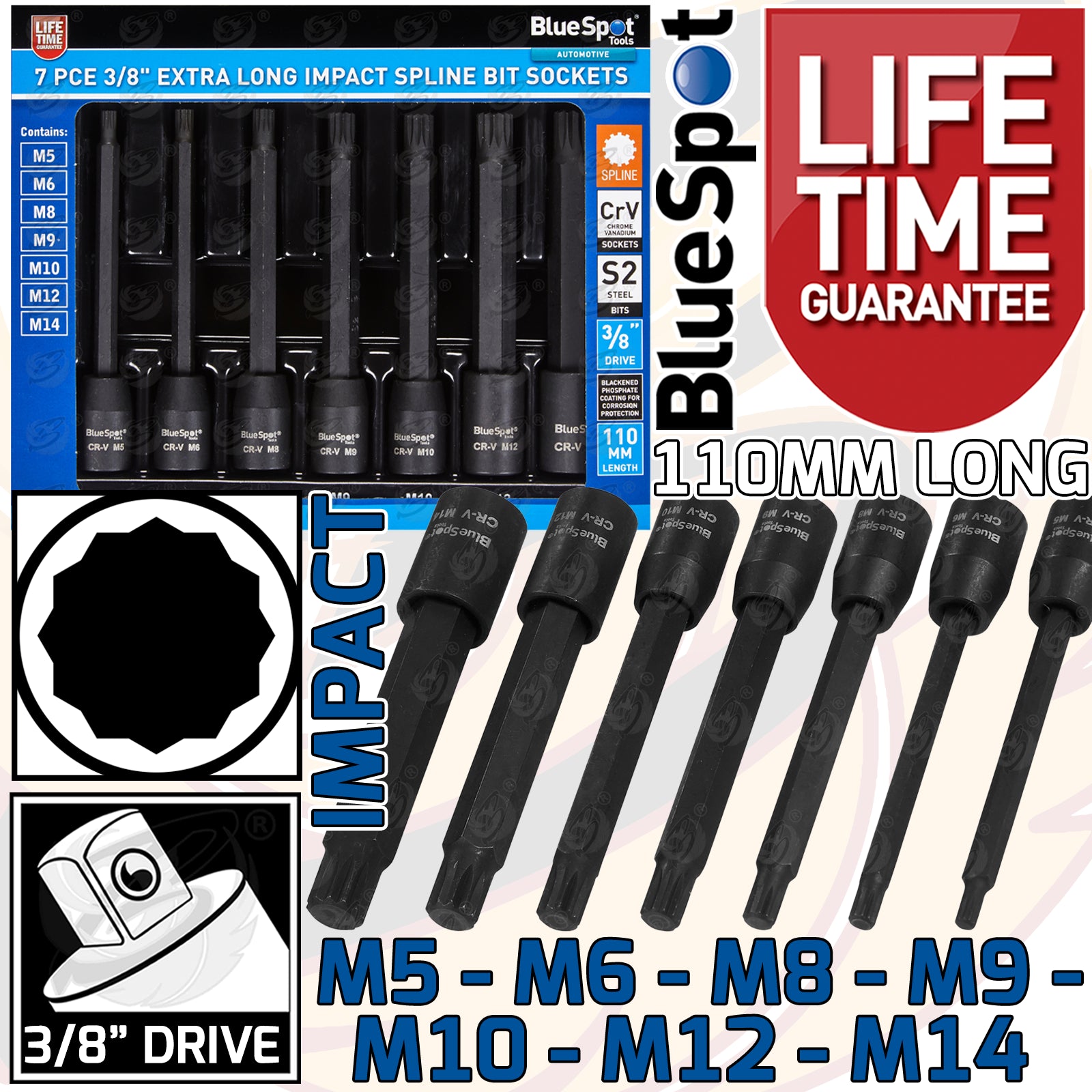 BLUESPOT 7PCS 3/8" DRIVE EXTRA LONG IMPACT SPLINE BIT SOCKETS M5 - M14