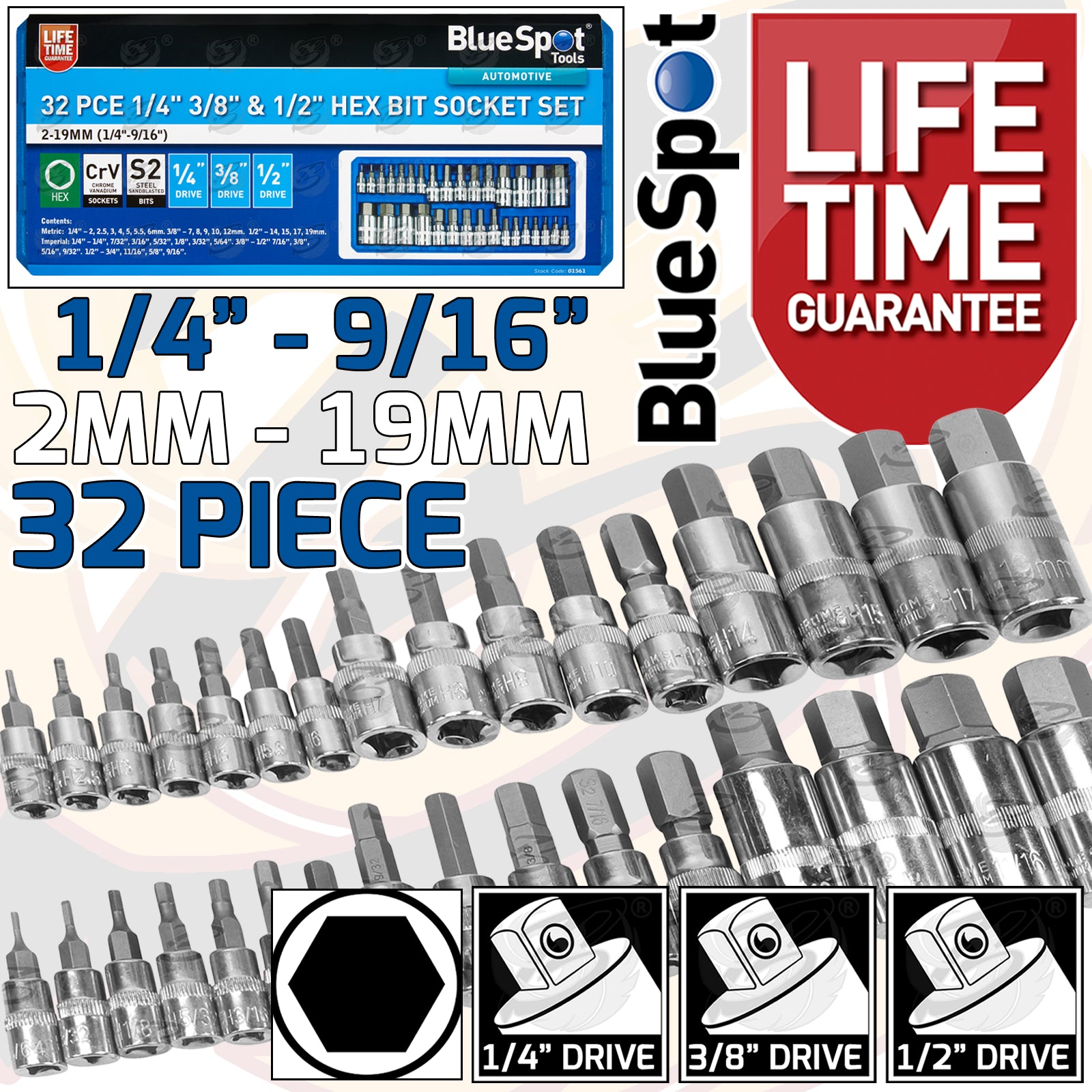 BLUESPOT 32PCS 1/4" & 3/8" & 1/2" DRIVE METRIC & IMPERIAL HEX BIT SOCKETS ( 2MM - 19MM ) ( 1/4" - 9/16" )