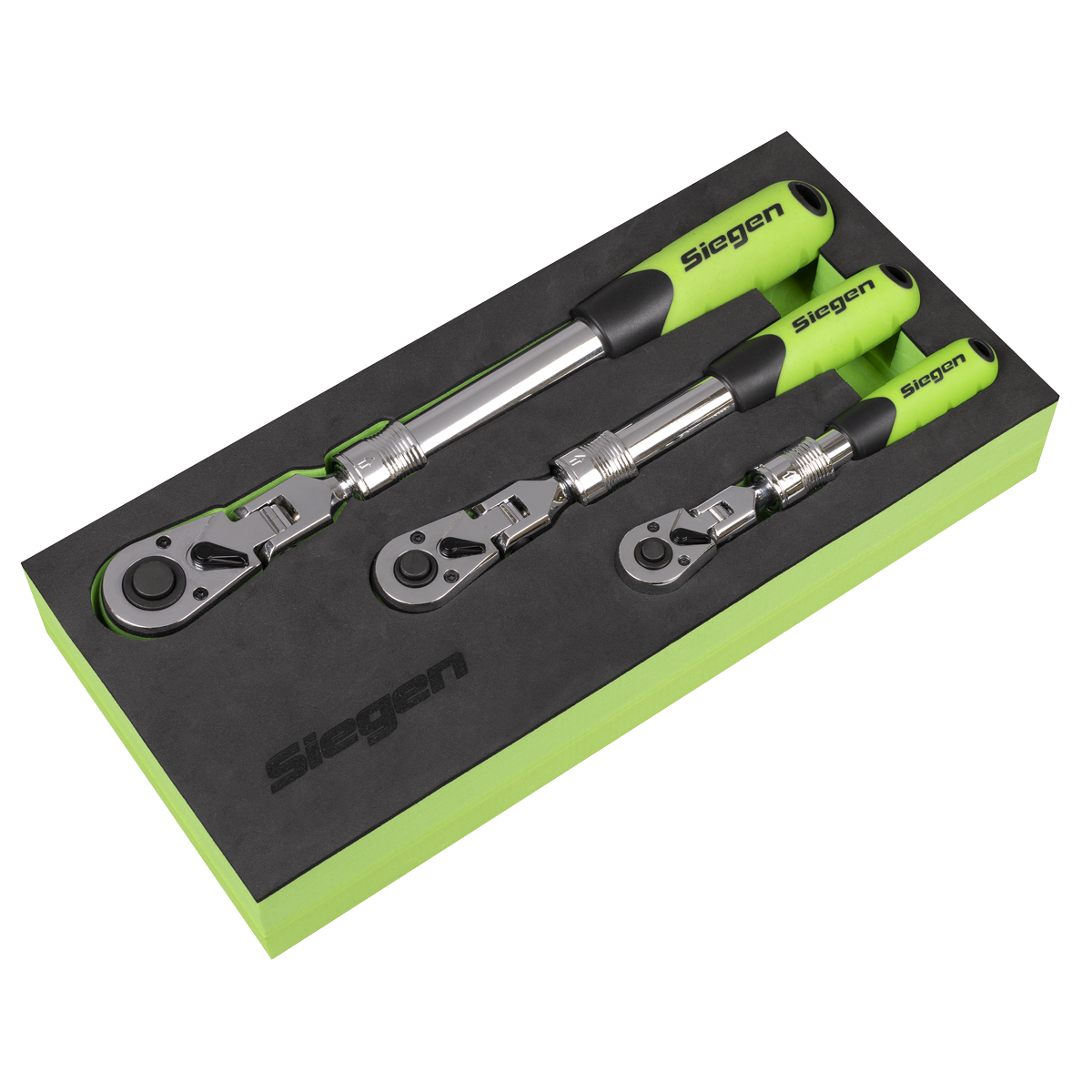 Siegen 3 Piece 1/4" & 3/8" & 1/2" Drive 72 Tooth Flexible Head Extendable Ratchet Handles In EVA Foam Storage Block With A Manufacturers LifeTime Guarantee S01297