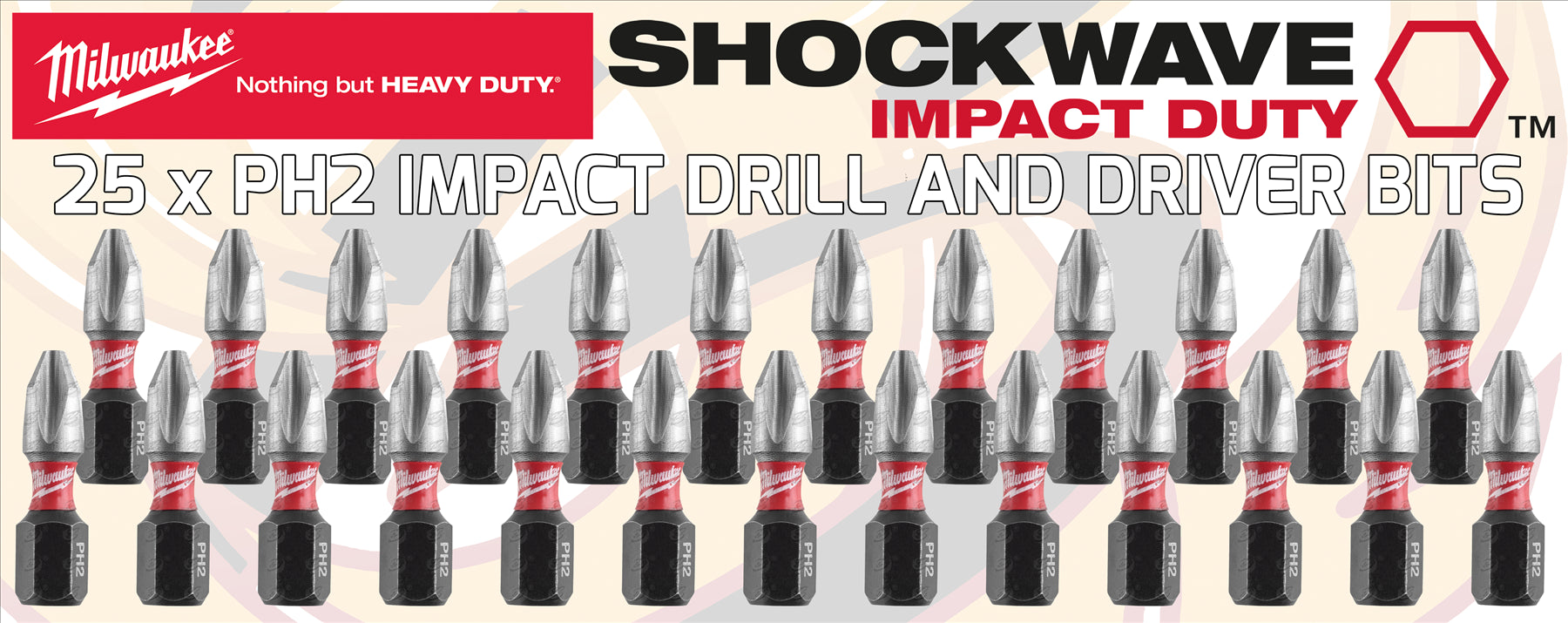 MILWAUKEE 25PCS PH2 x 25MM PHILLIPS IMPACT DRILL / DRIVER BITS ( SHOCKWAVE IMPACT DUTY )
