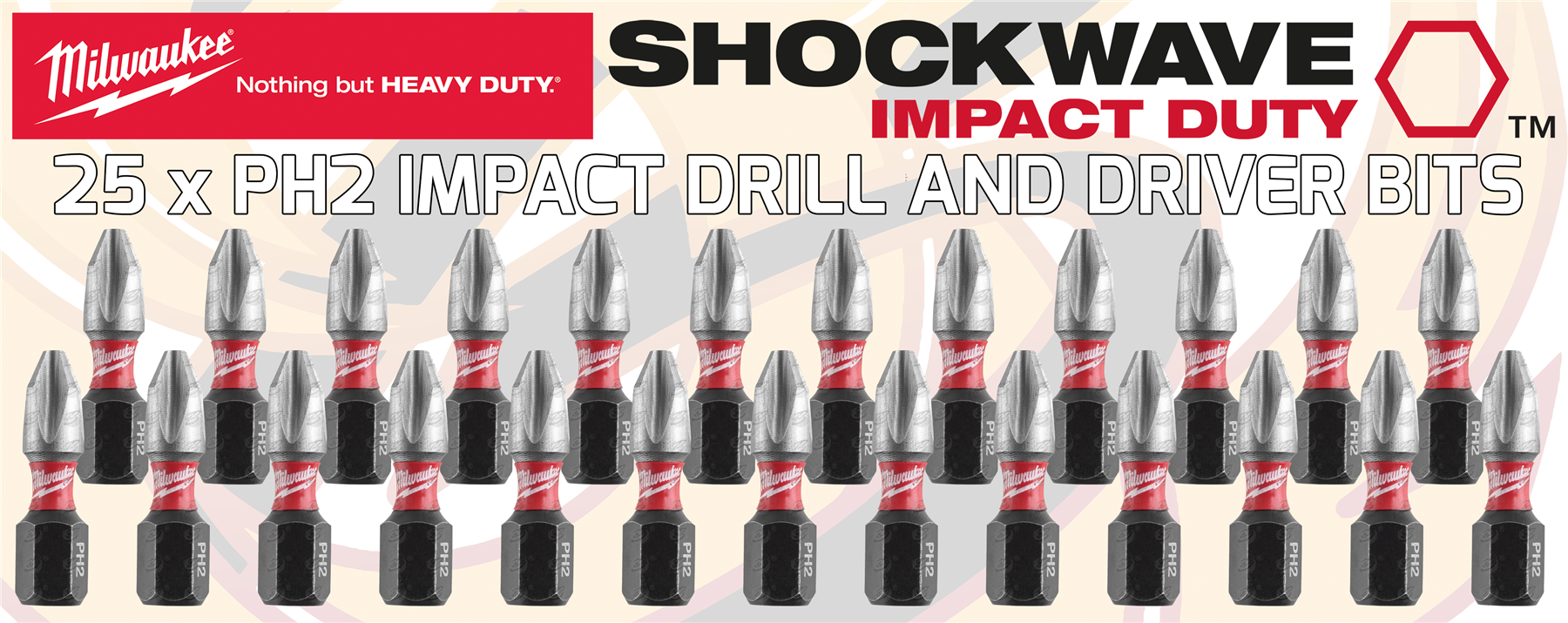 Milwaukee 25 Piece PH2 x 25mm PHillips Impact Drill / Driver Bits ( Shockwave Impact Duty ) ( 4932472037 )