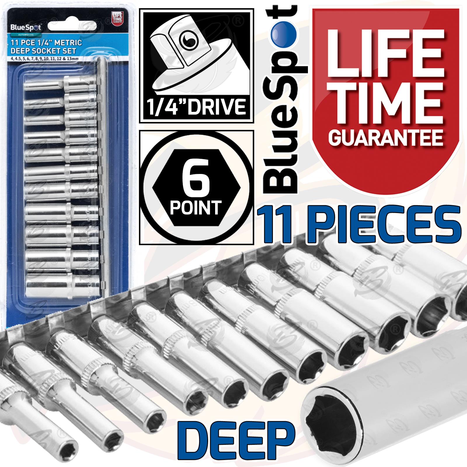 BLUESPOT 11PCS 1/4" DRIVE 6 POINT DEEP SOCKETS 4MM - 13MM