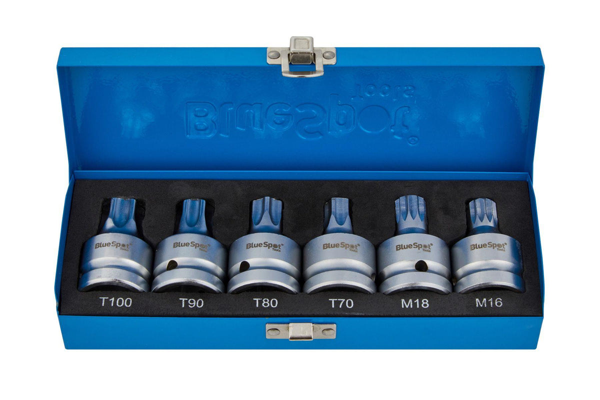 BlueSpot 6 Piece 3/4" Tamper Torx & Spline Bit Sockets T70-T100 With A Manufacturers LifeTime Guarantee 01608