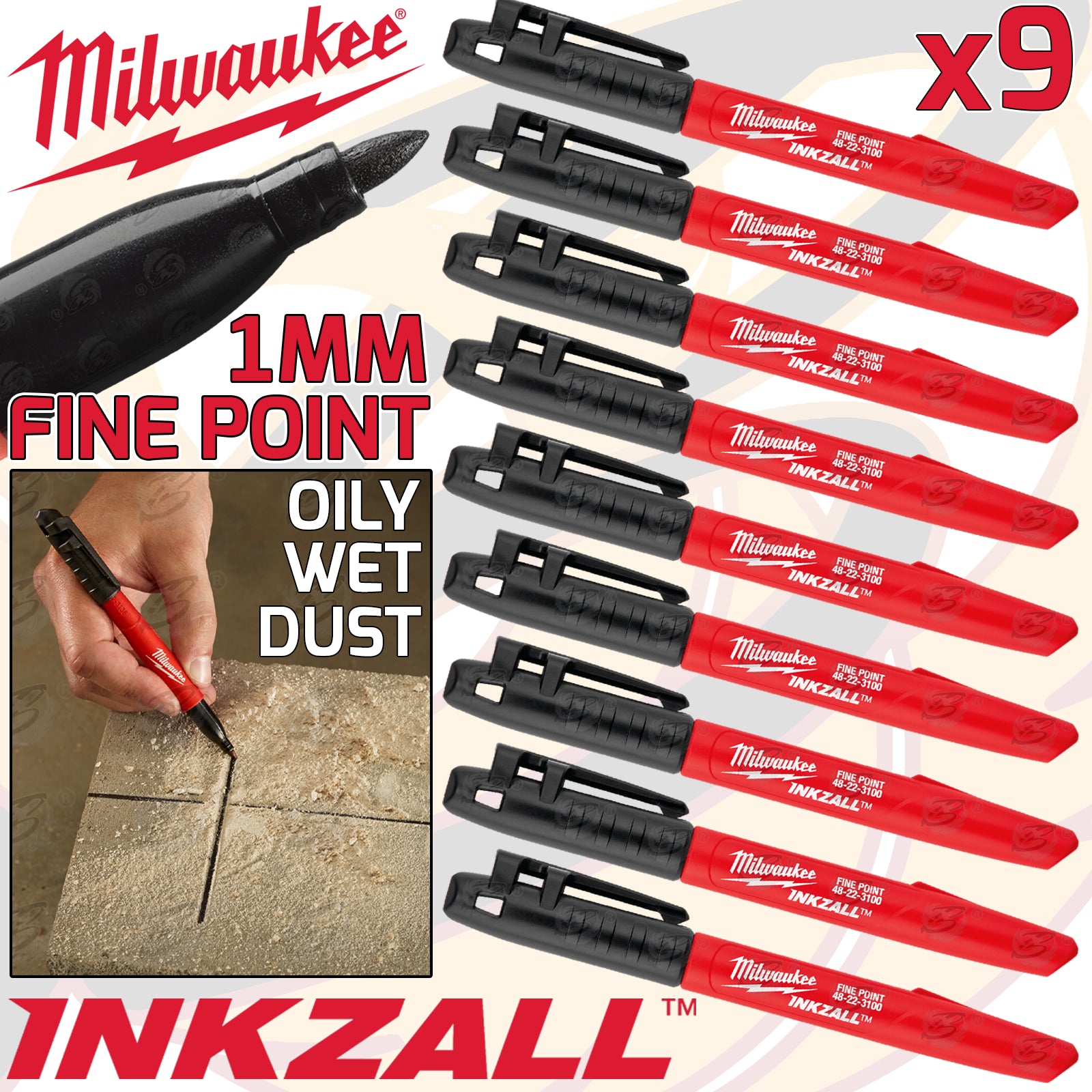 MILWAUKEE INKZALL 1mm ALL SURFACE MARKER PEN ( x9 )