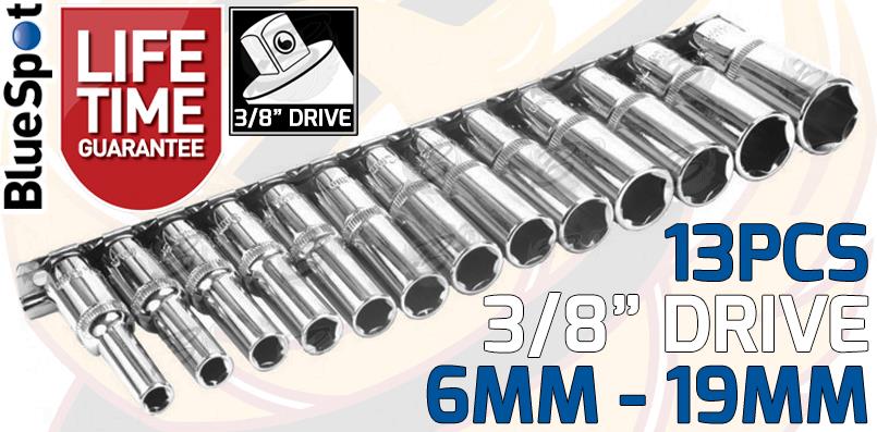 BLUESPOT 13PCS 3/8" DRIVE 6 POINT DEEP SOCKETS 6MM - 19MM