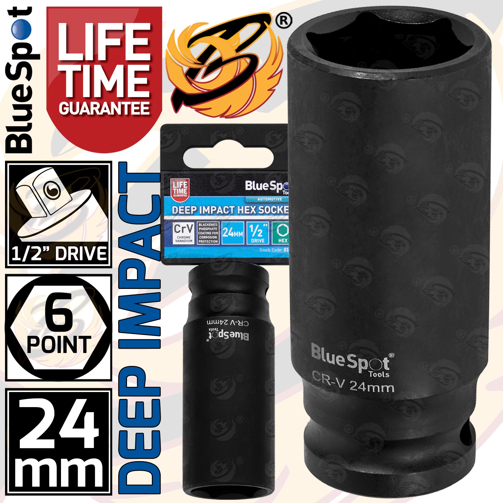 BLUESPOT 24MM 1/2" DRIVE 6 POINT DEEP IMPACT SOCKET ( SINGLE )