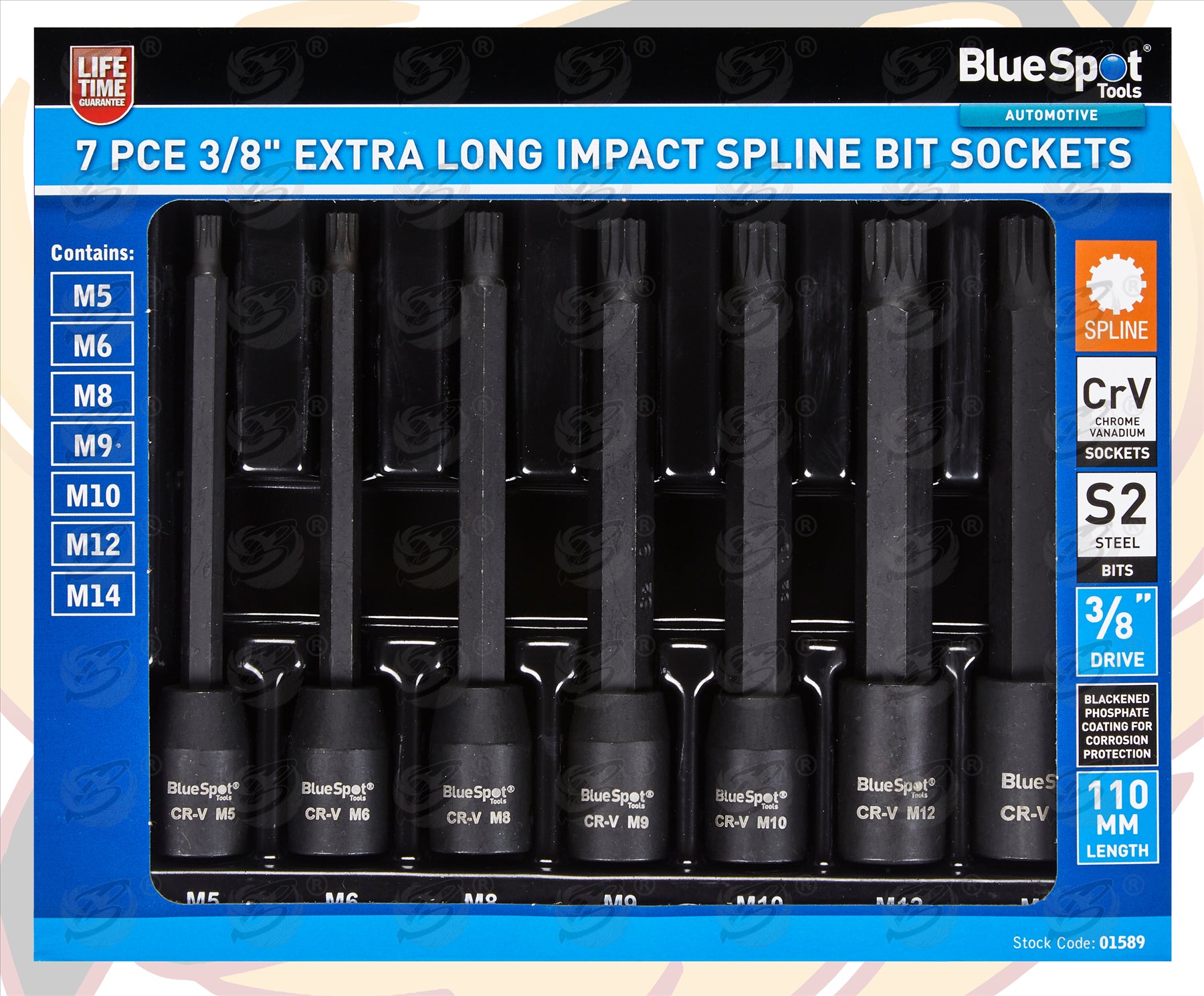 BLUESPOT 7PCS 3/8" DRIVE EXTRA LONG IMPACT SPLINE BIT SOCKETS M5 - M14