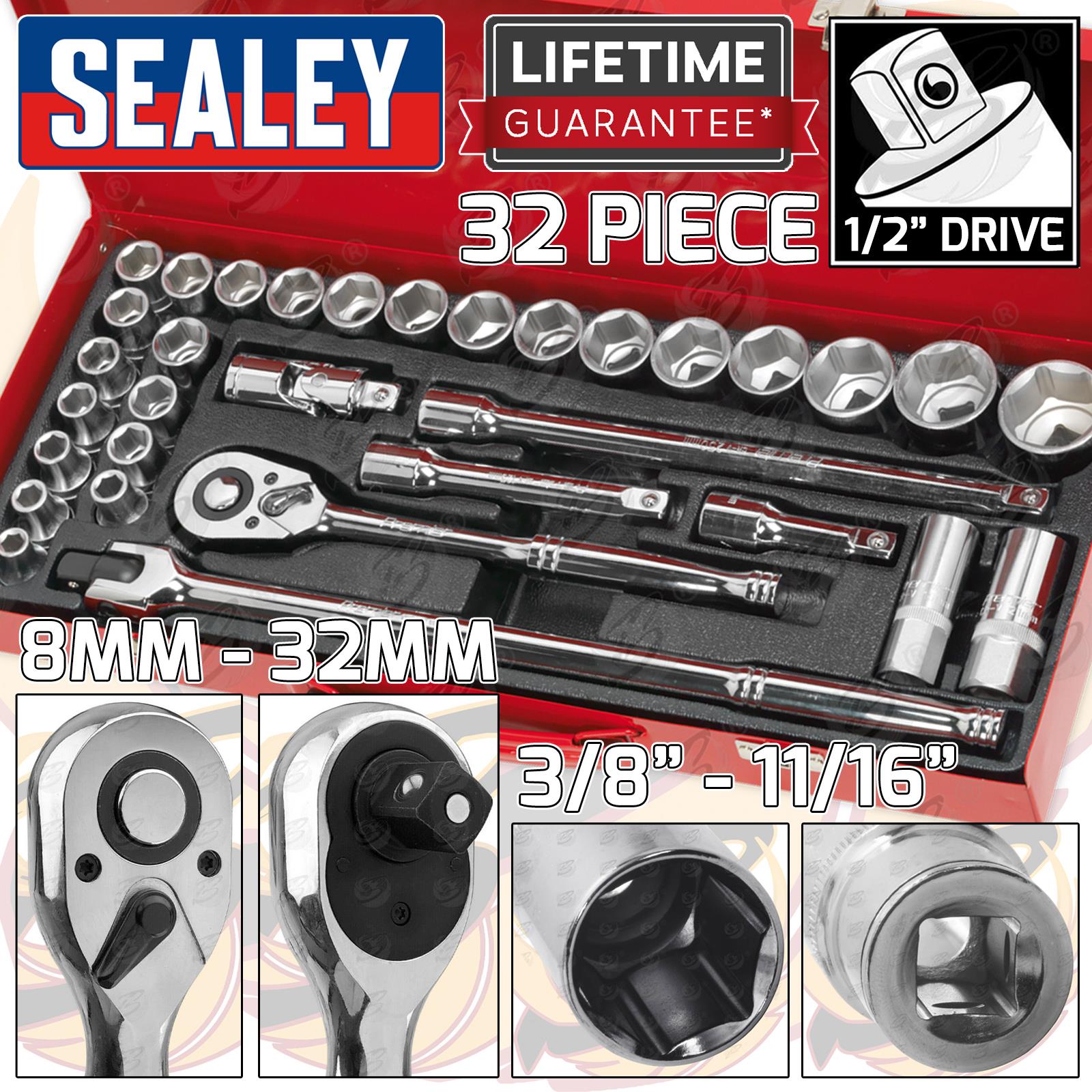 SEALEY 32PCS 1/2" DRIVE 6 POINT SOCKET SET 8MM - 32MM