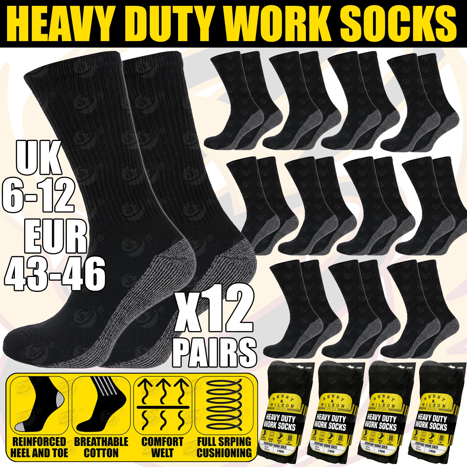 BERRY & WILSON HEAVY DUTY WORK SOCKS  ( SIZE 6 - 12 ) ( x 12 PAIRS )