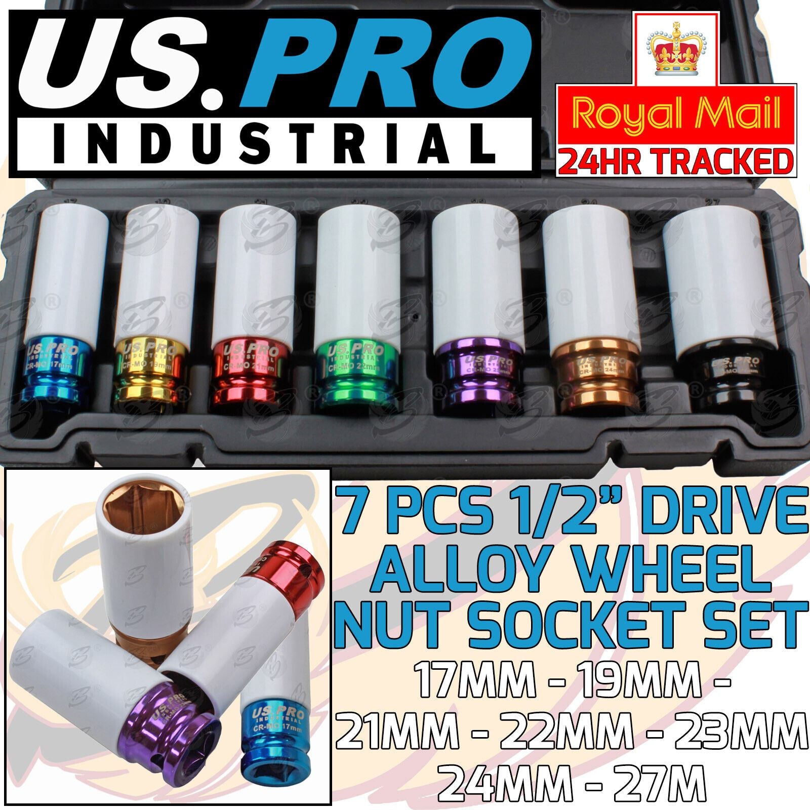US PRO INDUSTRIAL 7PCS 1/2" DRIVE 6 POINT ALLOY WHEEL NUT SOCKETS 17MM - 27MM