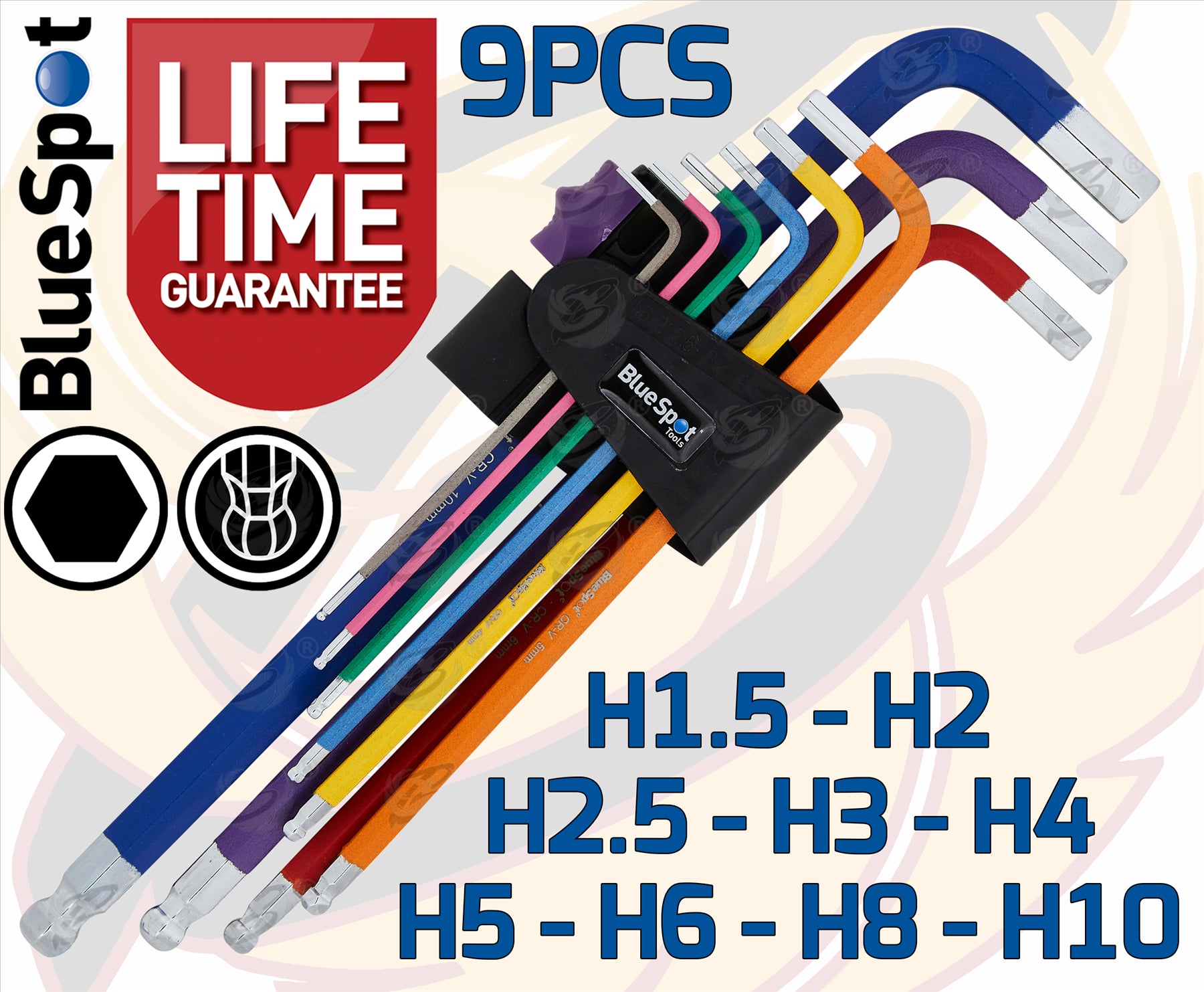 BLUESPOT 9PCS EXTRA LONG COLOUR CODED BALL END HEX KEY SET ( H1.5 - H10 )