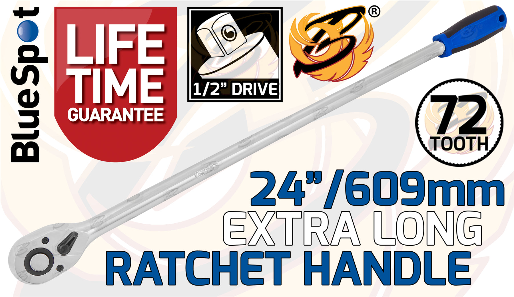 BLUESPOT 1/2" DRIVE 24" LONG 72 TOOTH EXTRA LONG RATCHET HANDLE