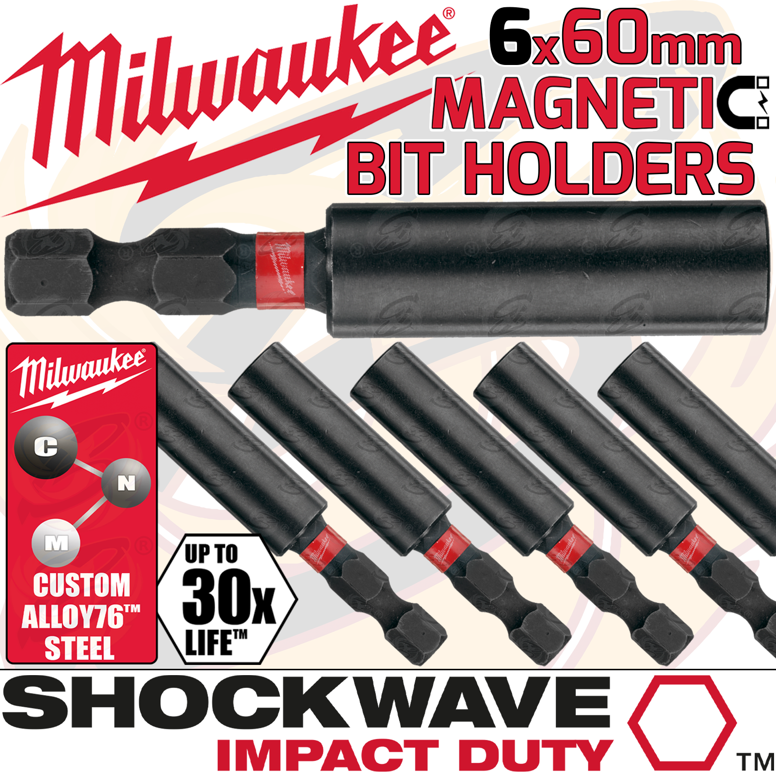 MILWAUKEE 60MM MAGNETIC BIT HOLDER ( SHOCKWAVE IMPACT DUTY ) ( X 6 )