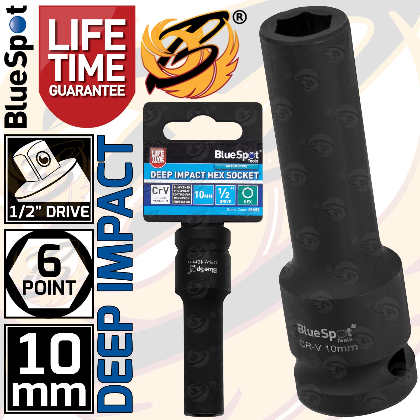 BLUESPOT 10MM 1/2" DRIVE 6 POINT DEEP IMPACT SOCKET ( SINGLE )