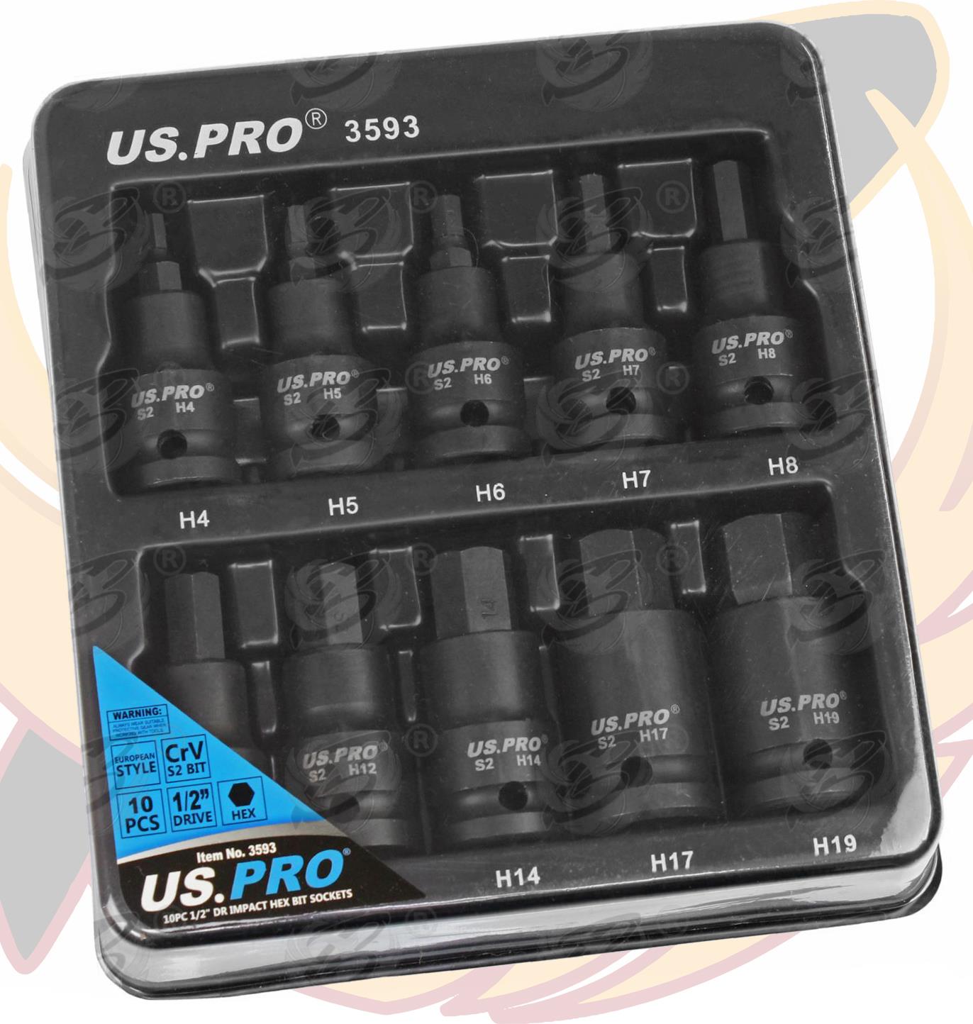US PRO 10PCS 1/2" DRIVE IMPACT HEX BIT SOCKETS H4 - H19