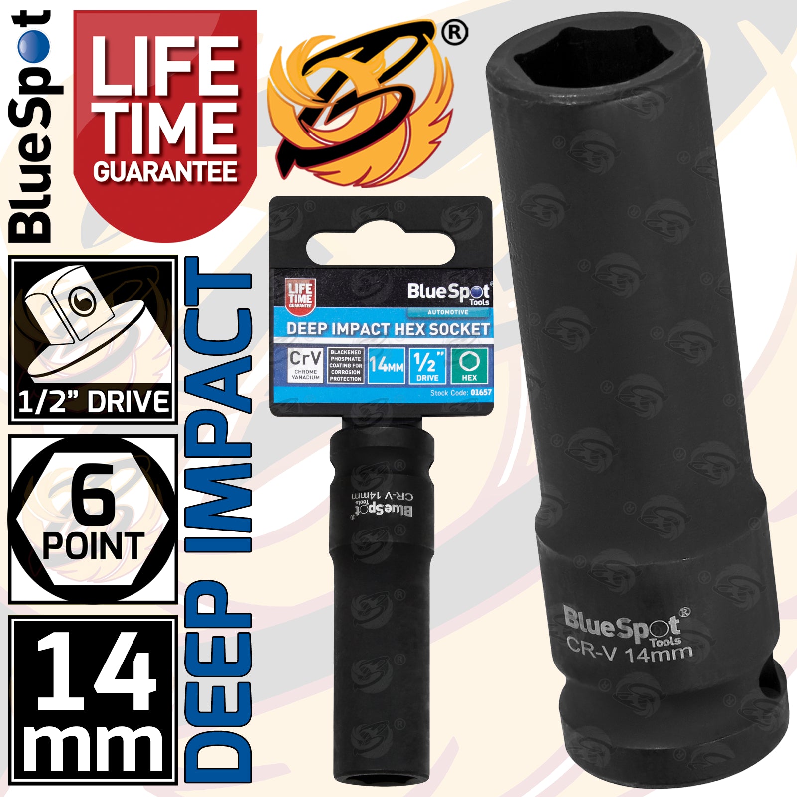 BLUESPOT 14MM 1/2" DRIVE 6 POINT DEEP IMPACT SOCKET ( SINGLE )
