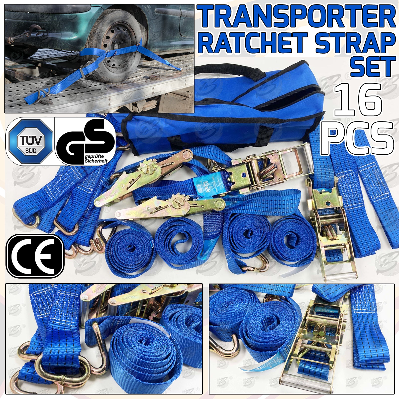 TOOLZONE 16PCS RATCHET STRAP / TIE DOWN SET ( CAR TRANSPORTER SET )