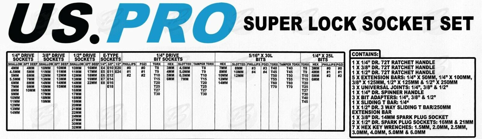 US Pro 171 Piece 1/4" & 3/8" & 1/2" Drive Socket & Bit Set 4mm - 32mm  2082