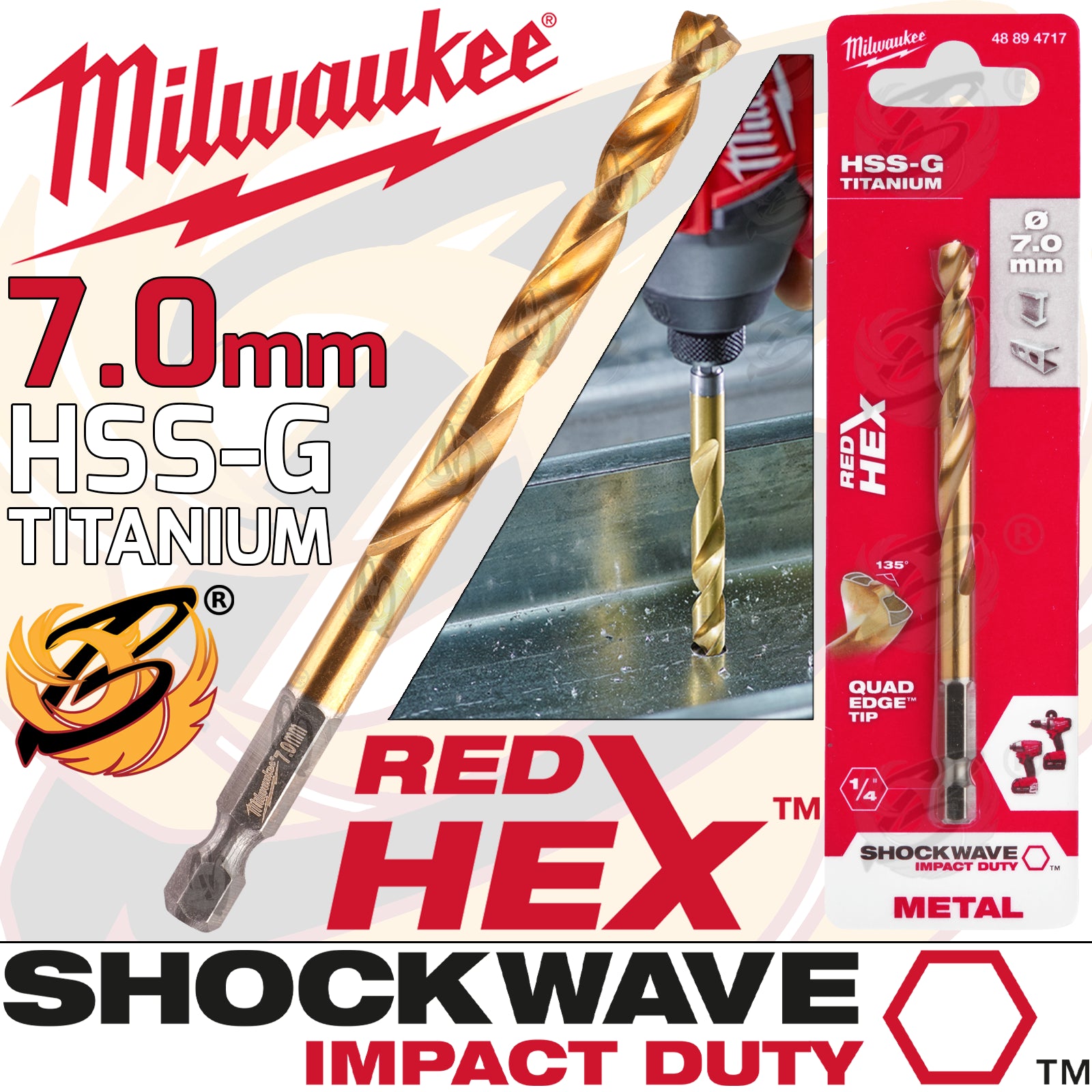 MILWAUKEE 7MM HSS TITANIUM METAL RED HEX DRILL BIT