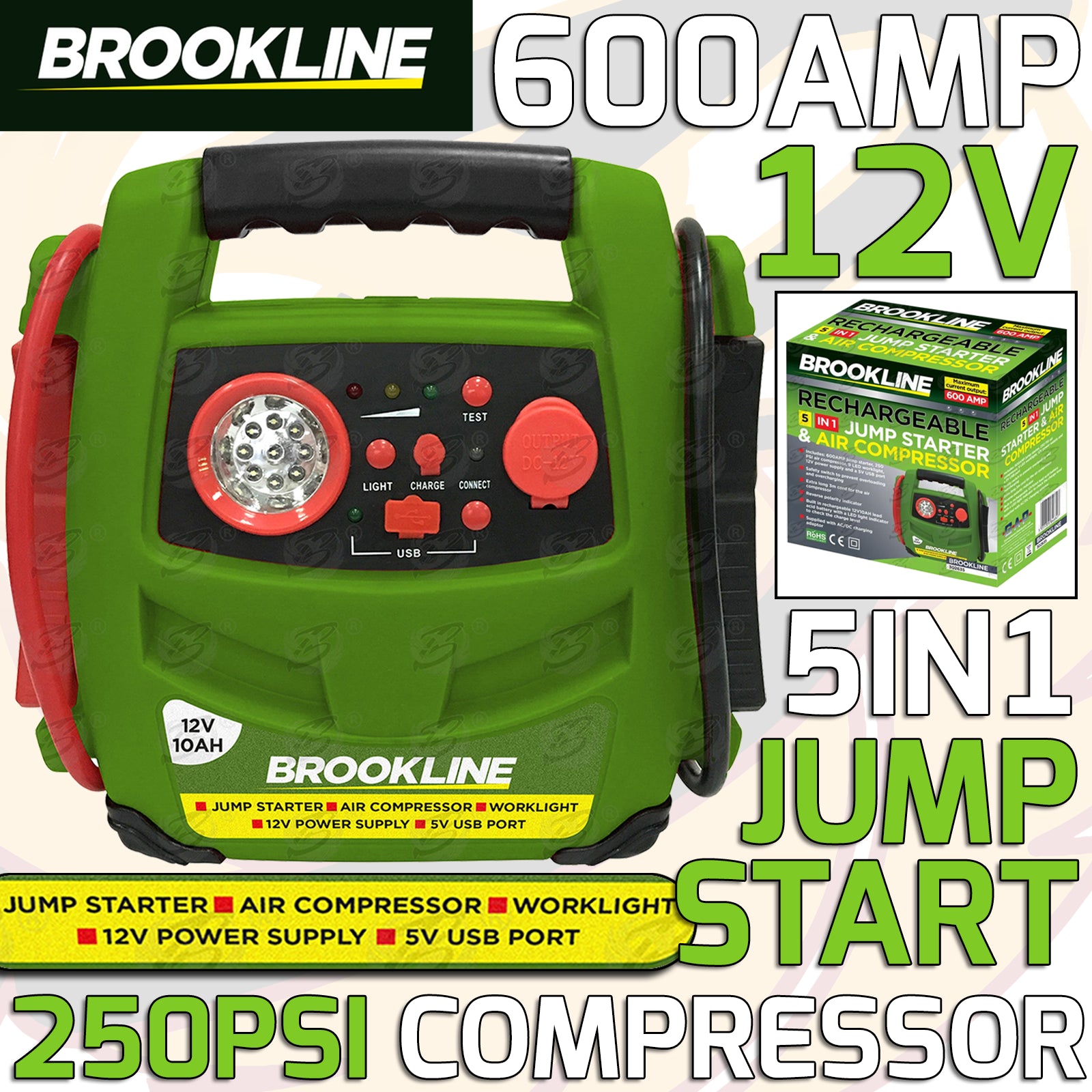 BROOKLINE 600AMP RECHARGEABLE JUMP STARTER & COMPRESSOR ( 5 IN 1 )