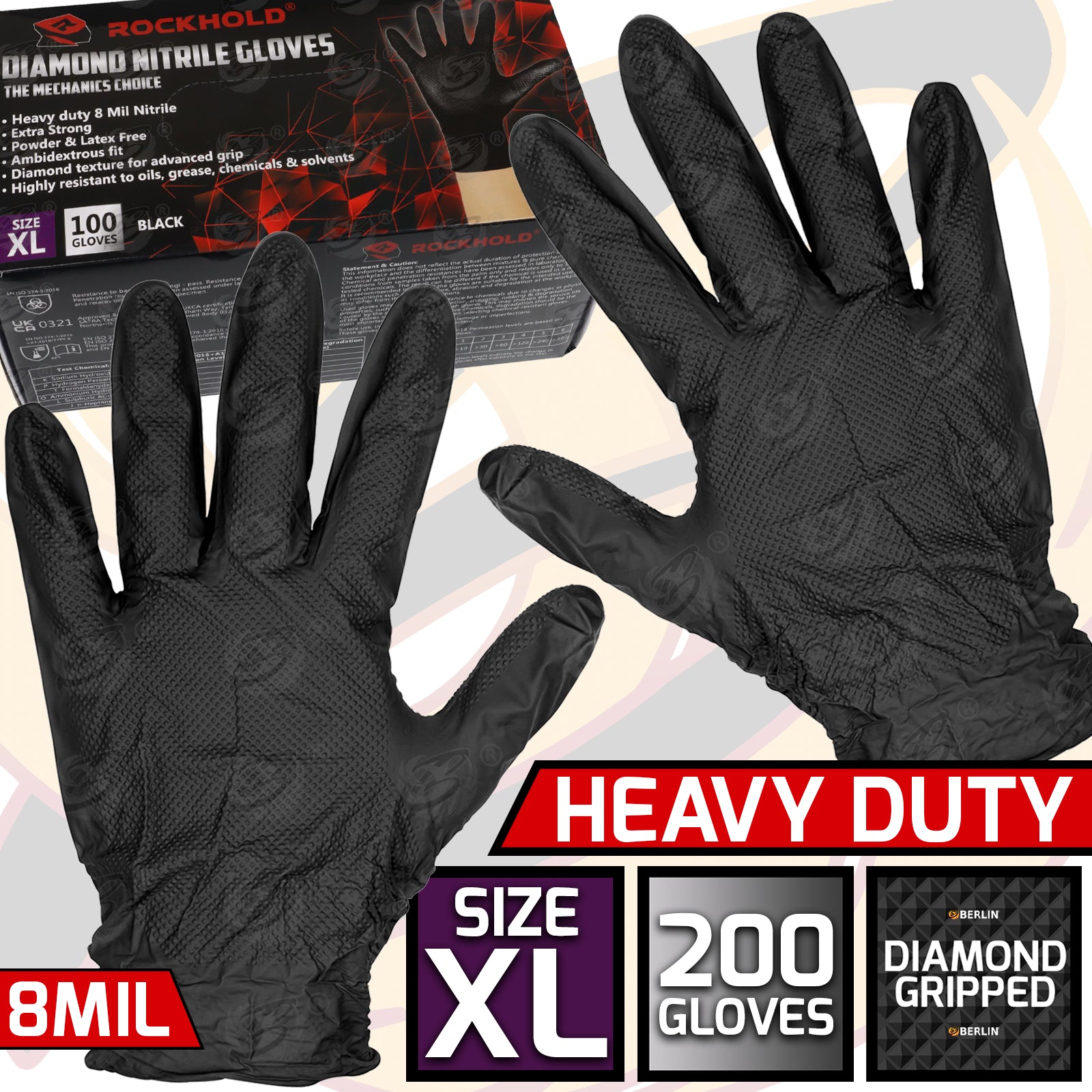 ROCKHOLD HEAVY DUTY BLACK 8 MIL NITRILE DIAMOND GRIP GLOVES ( X LARGE - 200 GLOVES )