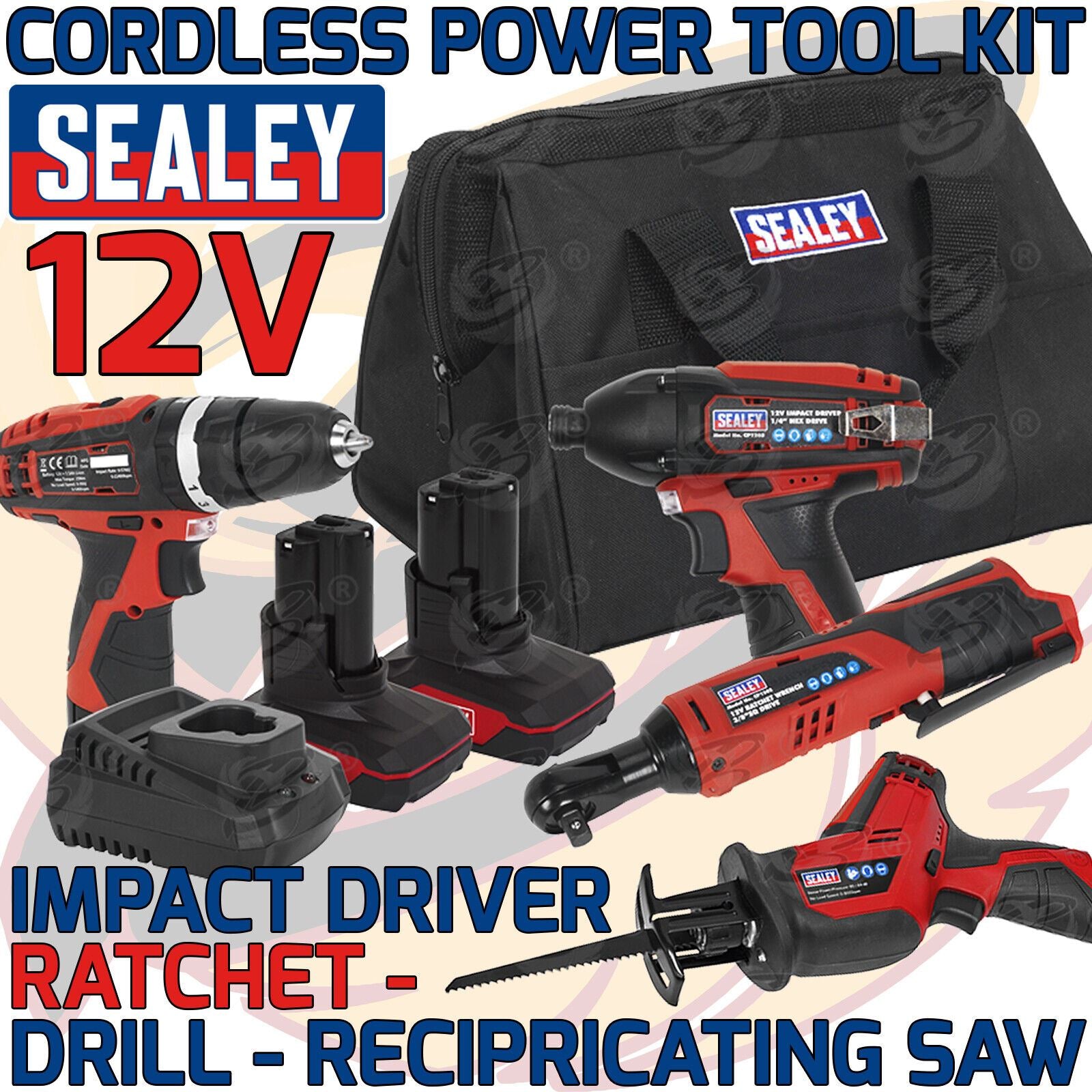 Sealey 12V Cordless Combo Kit ( Drill - Ratchet Wrench - Reciprocating Saw - Impact Driver ) ( CP1200COMBO3 )