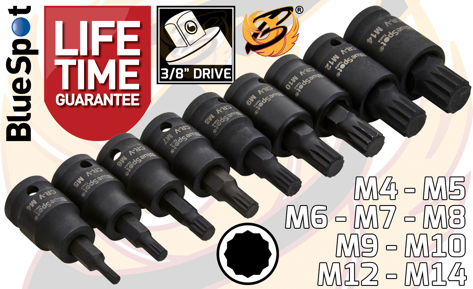 BlueSpot 9 Piece 3/8" Drive Impact Spline Bit Sockets (M4 - M14) ( 01622 )