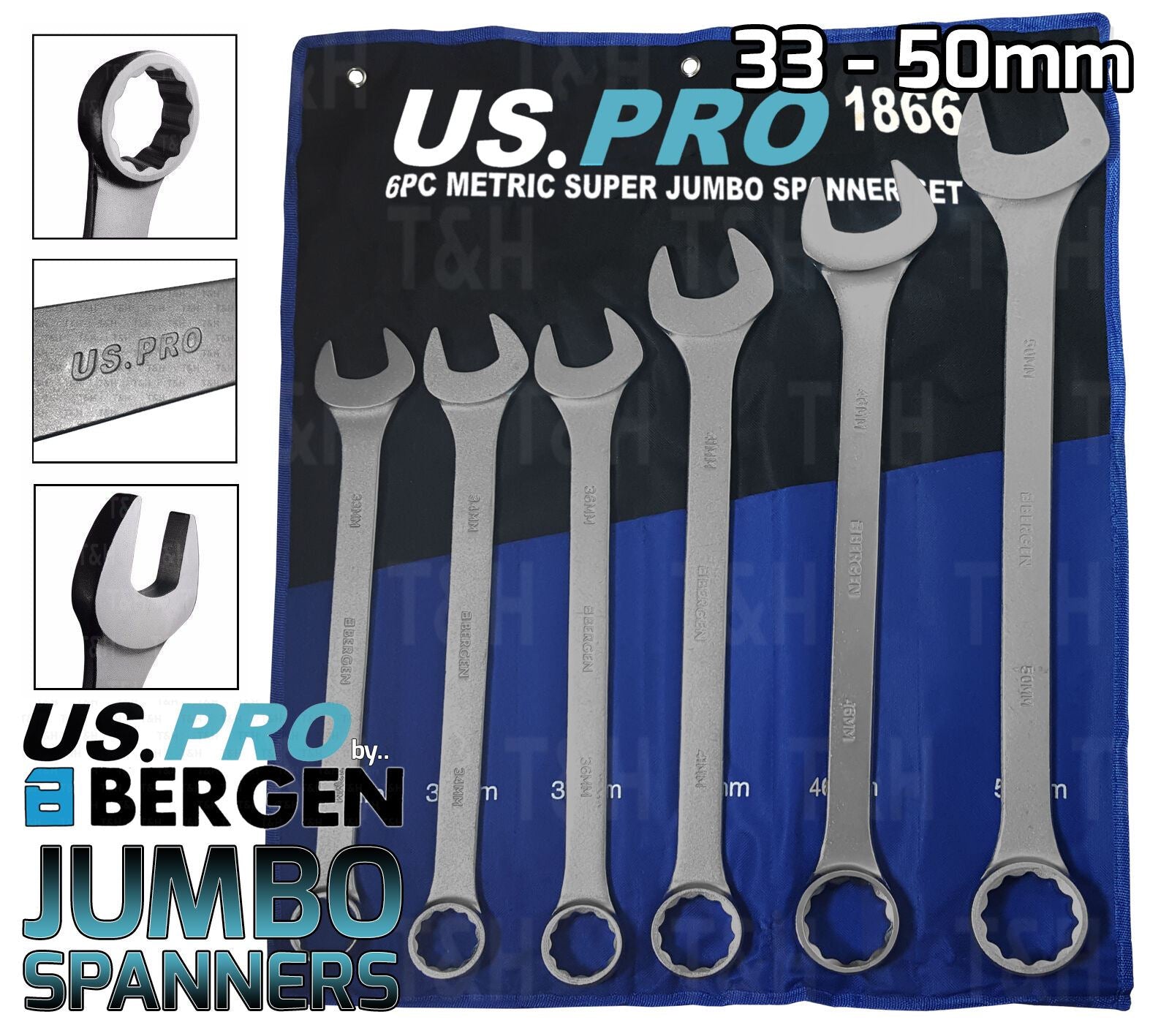 US Pro 6 Piece Jumbo Combination Spanner Set 33mm - 50mm  1866