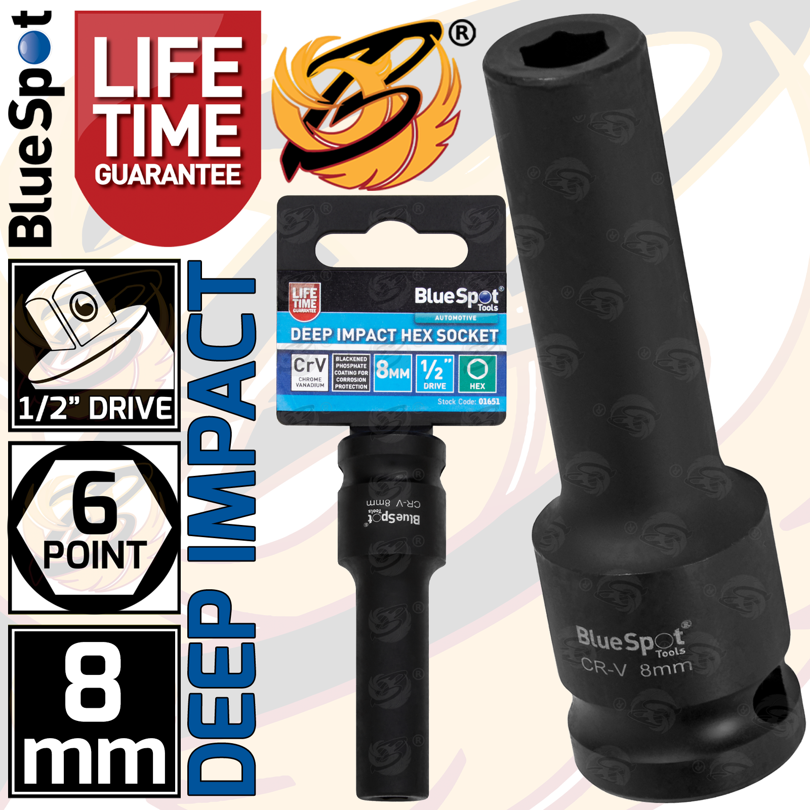 BlueSpot 8mm 1/2" Drive 6 Point Deep Impact Socket ( Single ) ( 01651 )