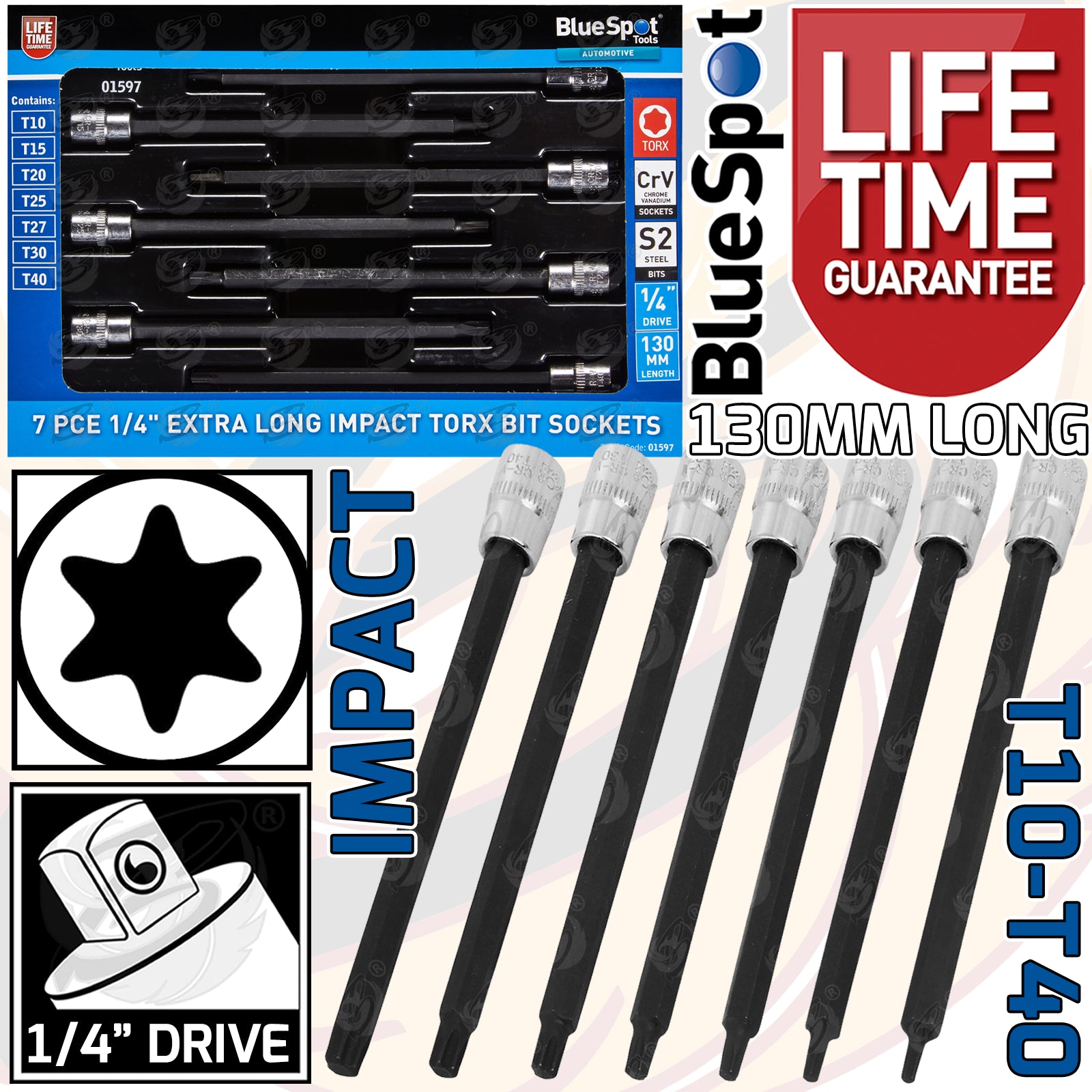 BLUESPOT 7PCS 1/4" EXTRA LONG IMPACT TORX BIT SOCKETS T10 - T40