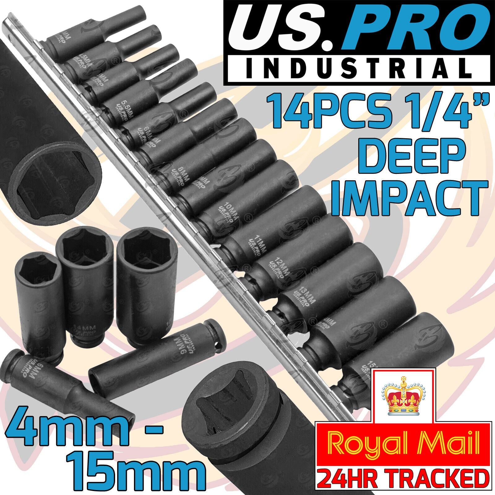 US PRO INDUSTRIAL 14PCS 1/4" DRIVE 6 POINT DEEP IMPACT SOCKETS 4MM - 15MM