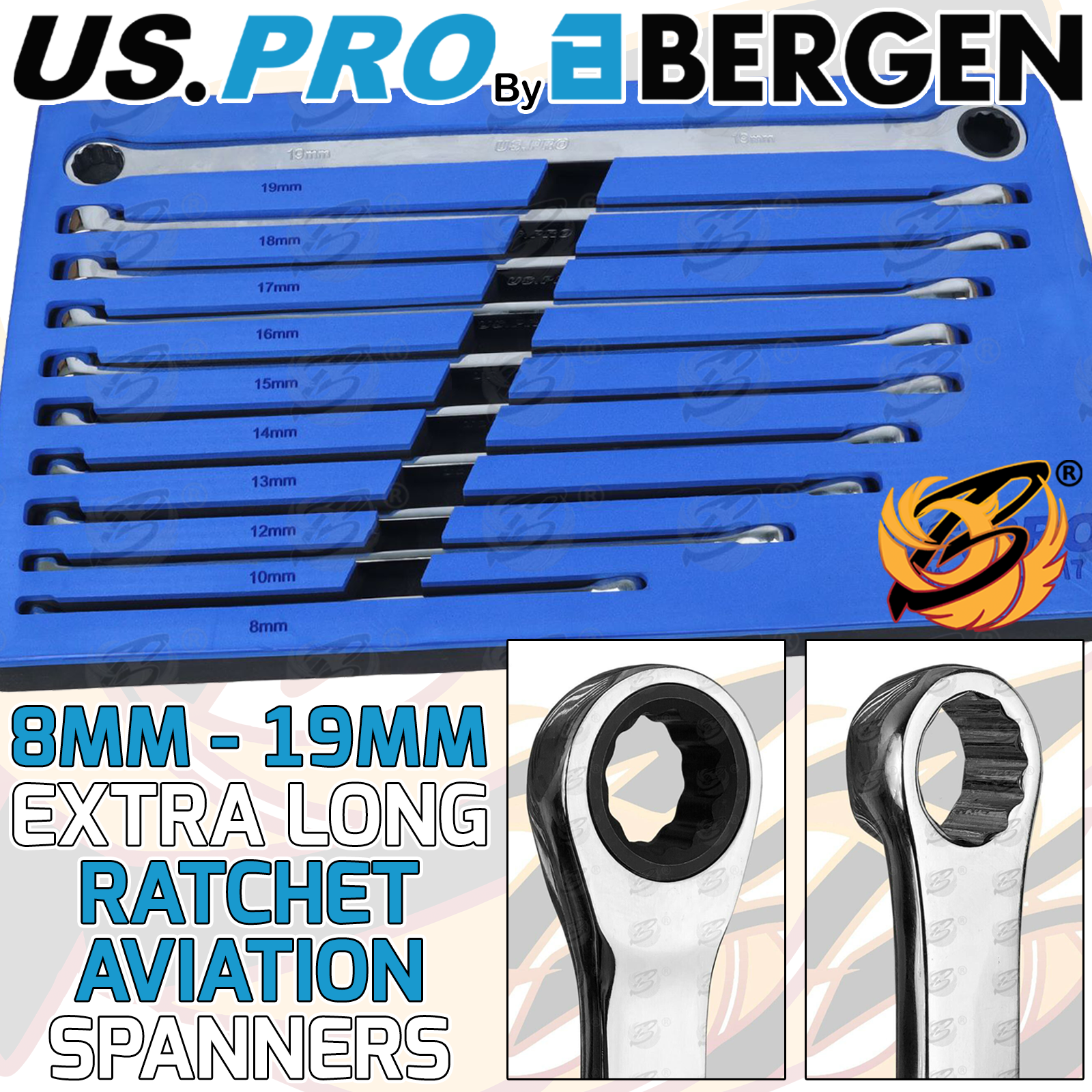 US Pro 10 Piece Extra Long Double Ring Single Gear Ratchet Set  ( 7617 )