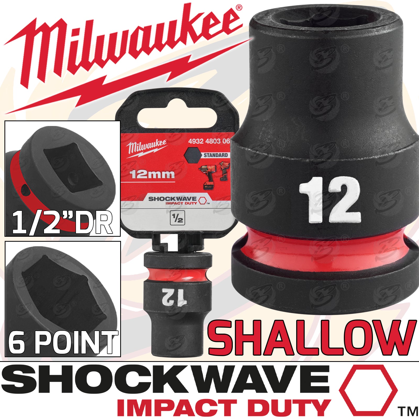 MILWAUKEE 12MM 1/2" DRIVE 6 POINT SHALLOW IMPACT SOCKET ( SINGLE )