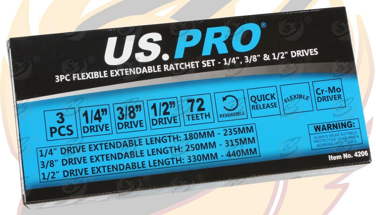 US Pro 3 Piece 1/4" & 3/8" & 1/2" Drive 72 Tooth Flexi Extendable Ratchet Handles ( 4206 )