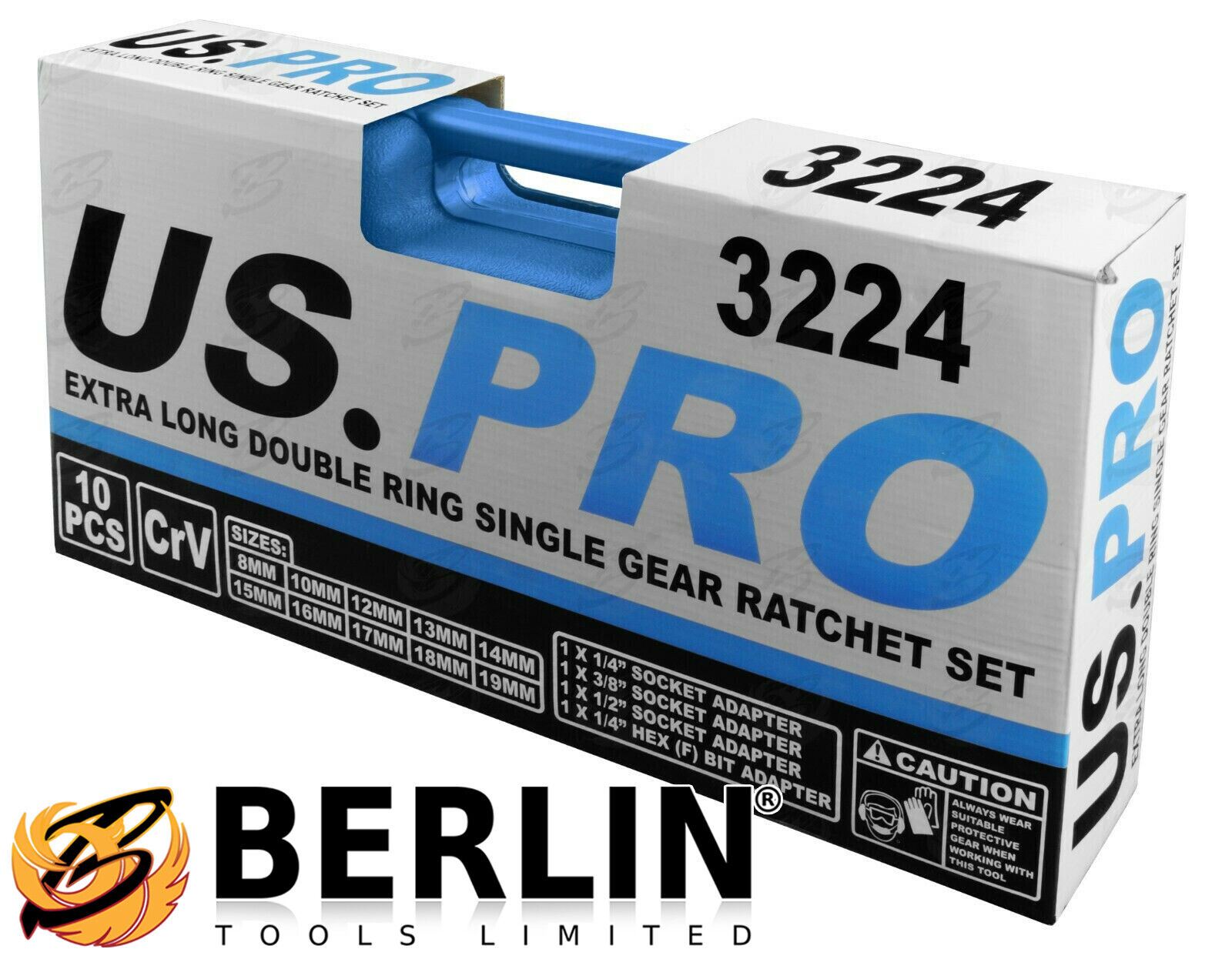 US Pro 10 Piece Single Ring Extra Long Ratchet Aviation Spanners 8mm - 10mm ( 3224 )