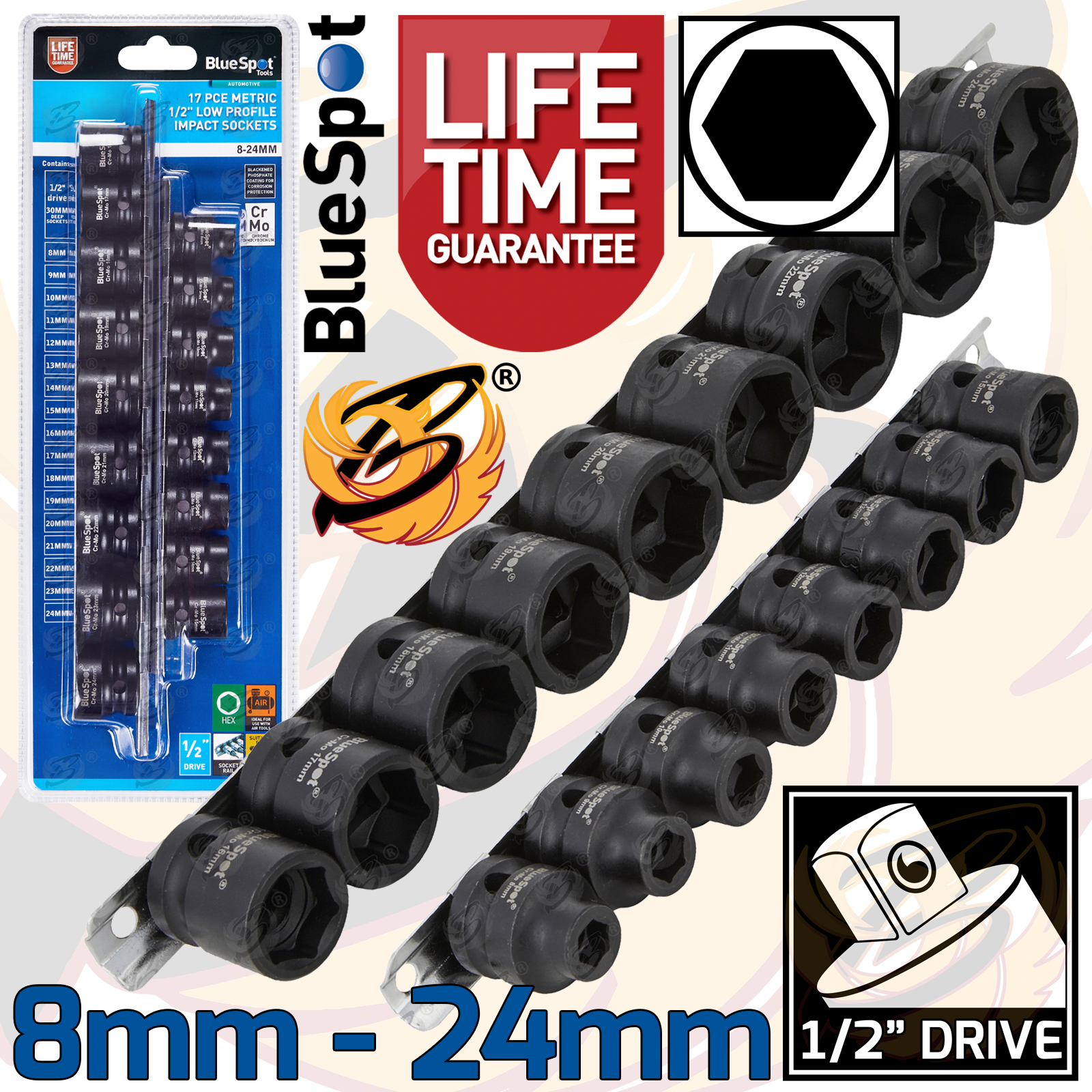 BlueSpot 17 Piece Metric 1/2" Low Profile Impact Sockets (8-24mm) ( 01602 )